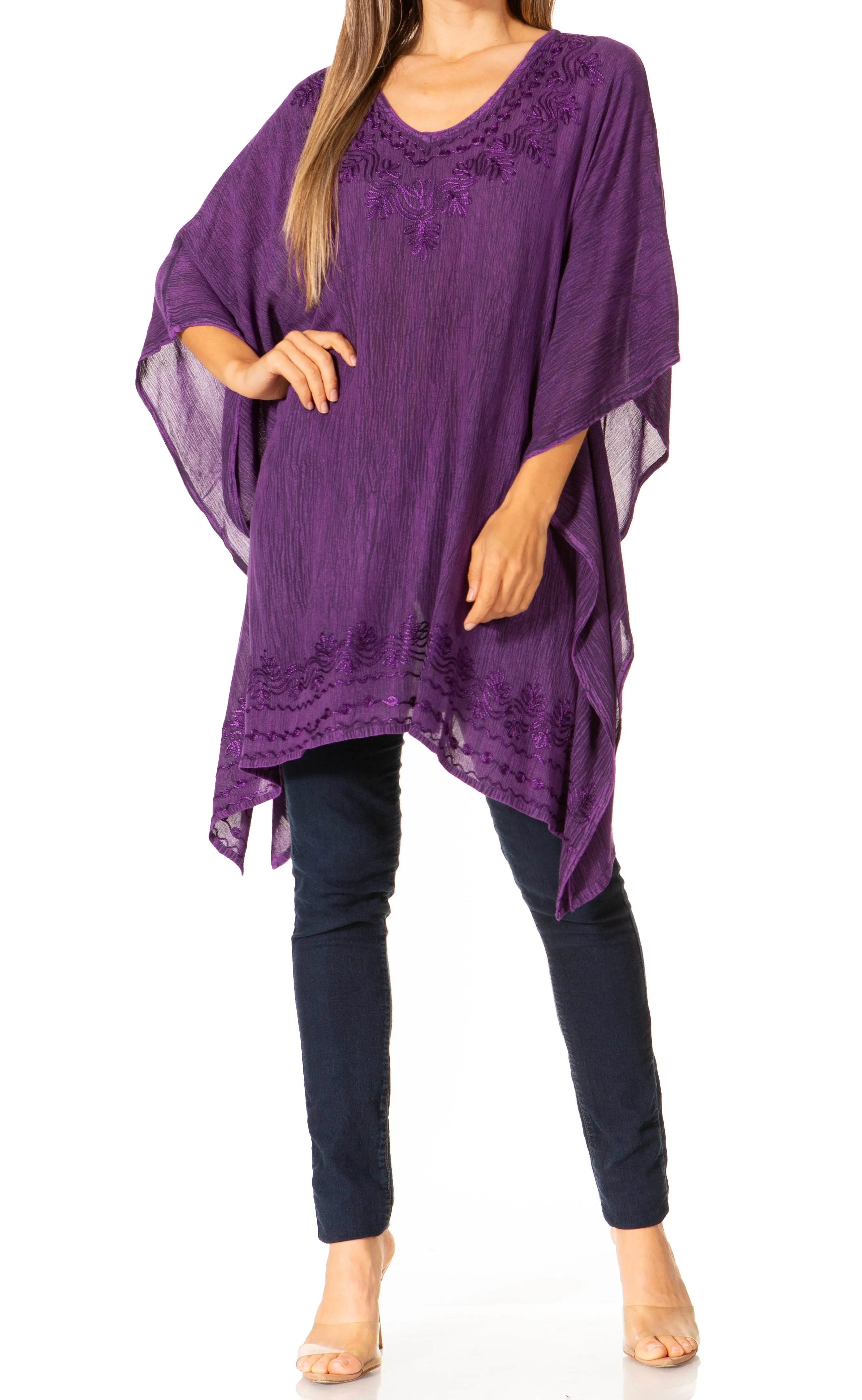 Sakkas Wren Lightweight Circle Poncho Top Blouse With Detailed Embroidery