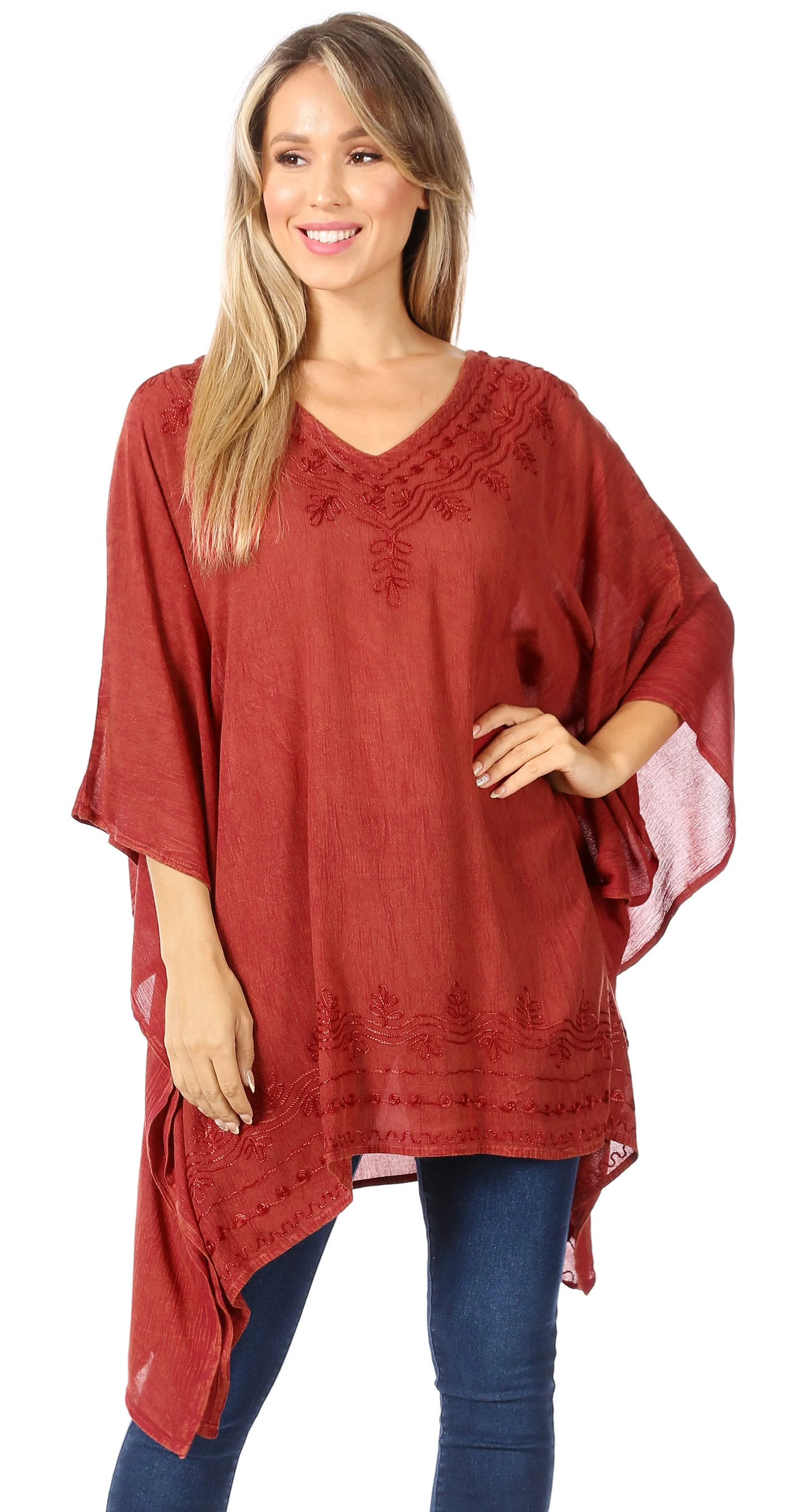 Sakkas Wren Lightweight Circle Poncho Top Blouse With Detailed Embroidery