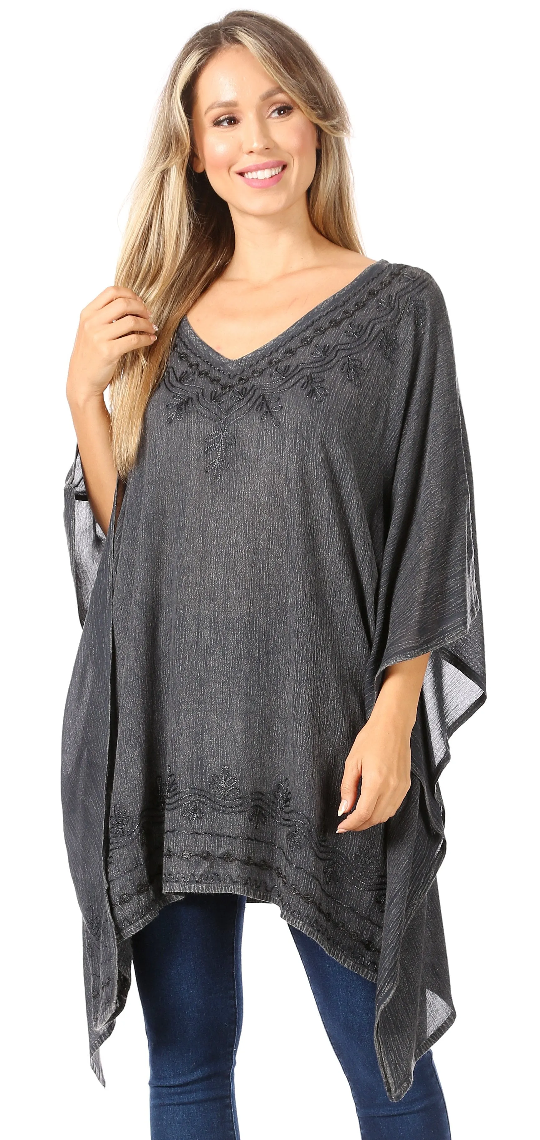 Sakkas Wren Lightweight Circle Poncho Top Blouse With Detailed Embroidery