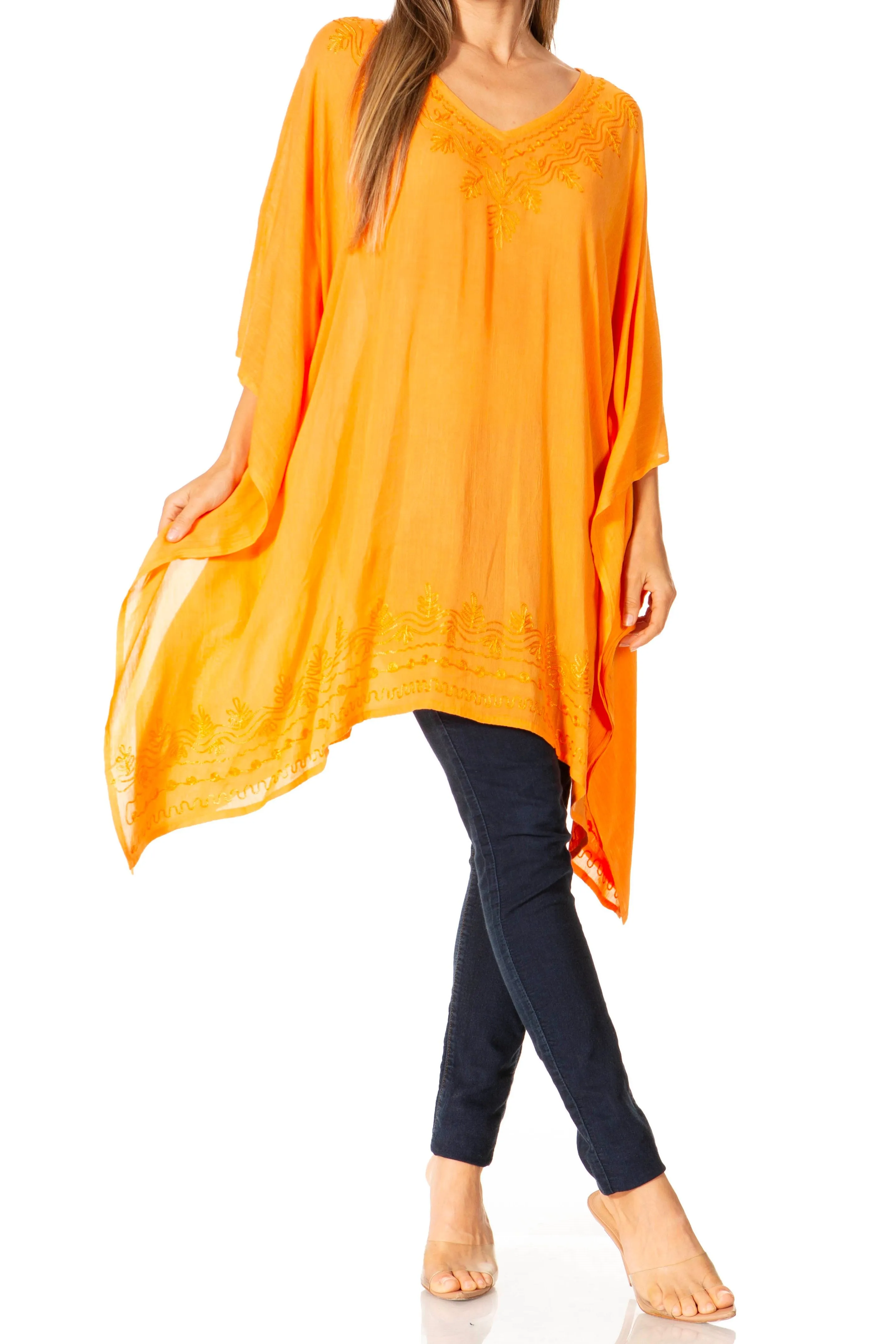 Sakkas Wren Lightweight Circle Poncho Top Blouse With Detailed Embroidery