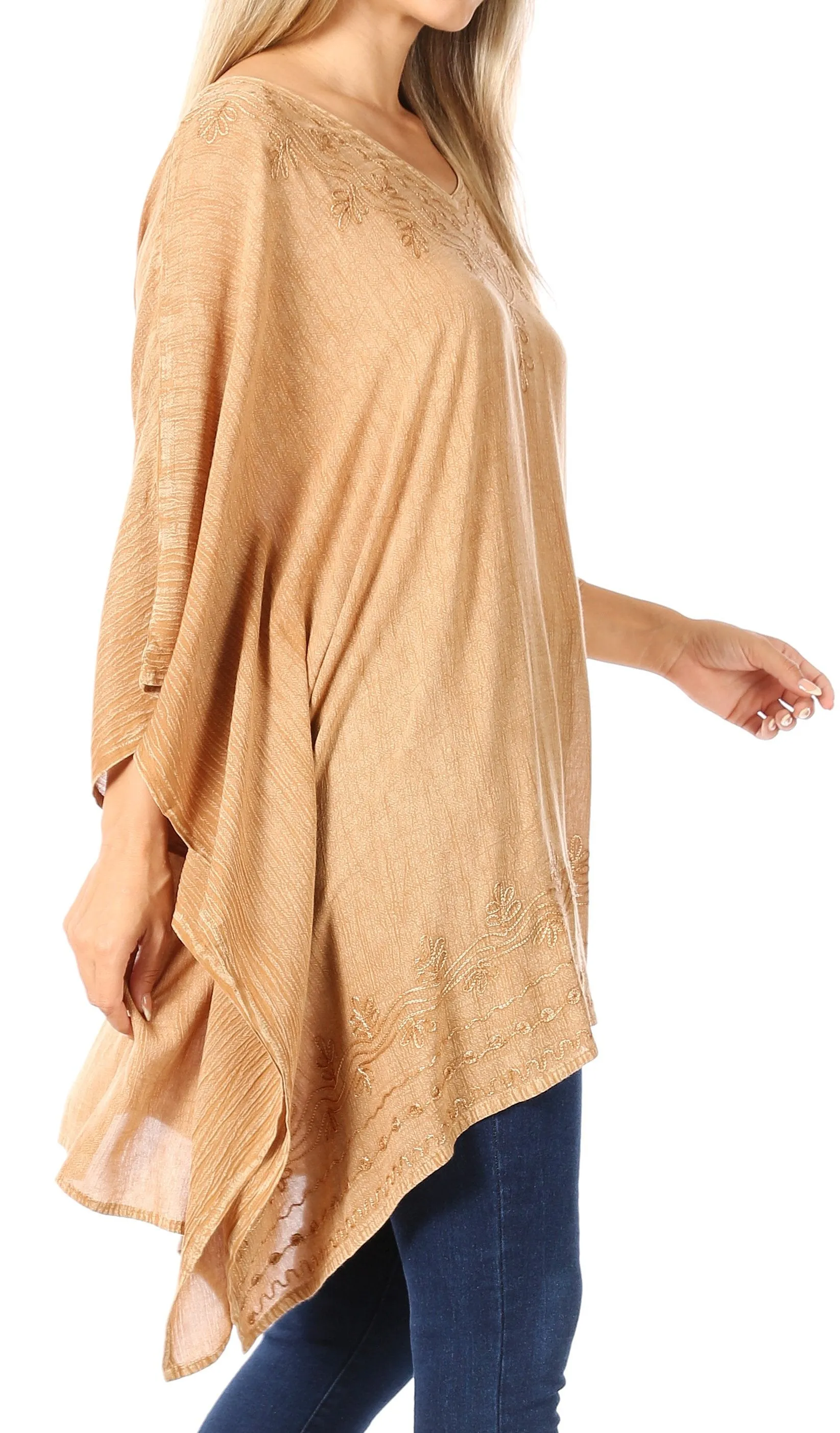 Sakkas Wren Lightweight Circle Poncho Top Blouse With Detailed Embroidery