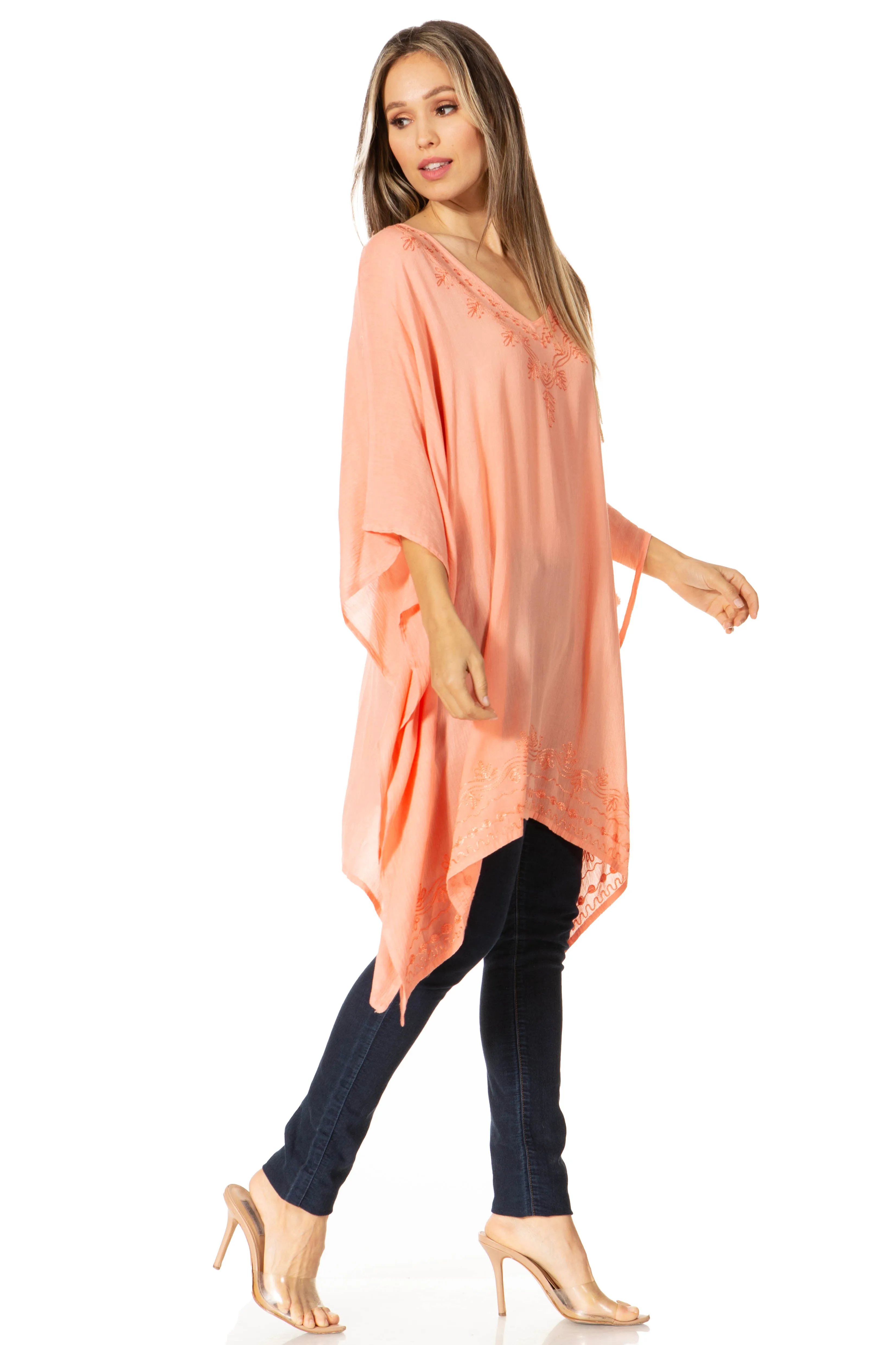 Sakkas Wren Lightweight Circle Poncho Top Blouse With Detailed Embroidery