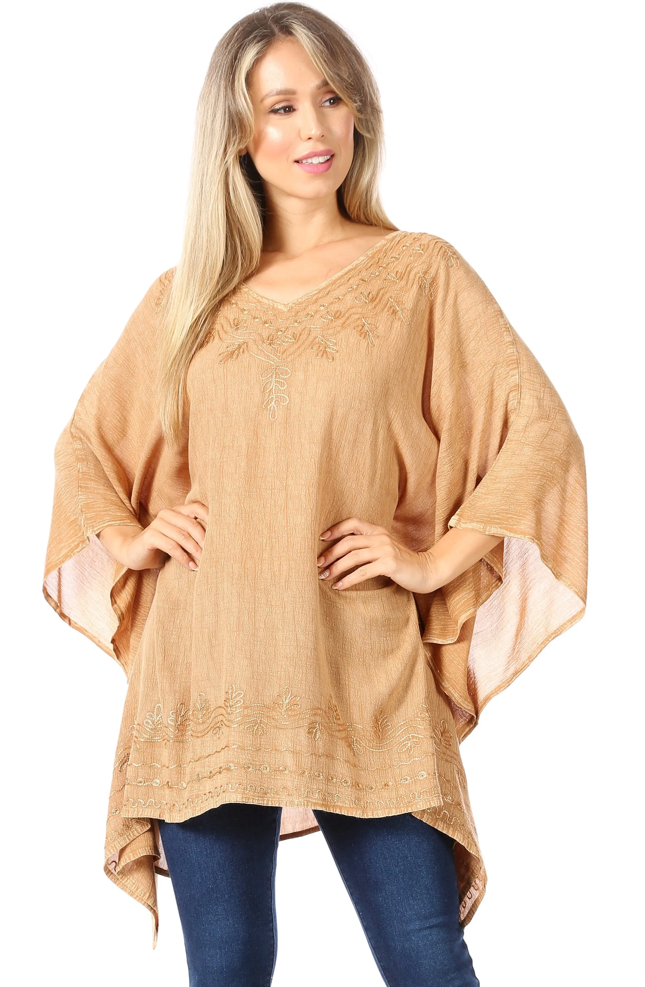 Sakkas Wren Lightweight Circle Poncho Top Blouse With Detailed Embroidery