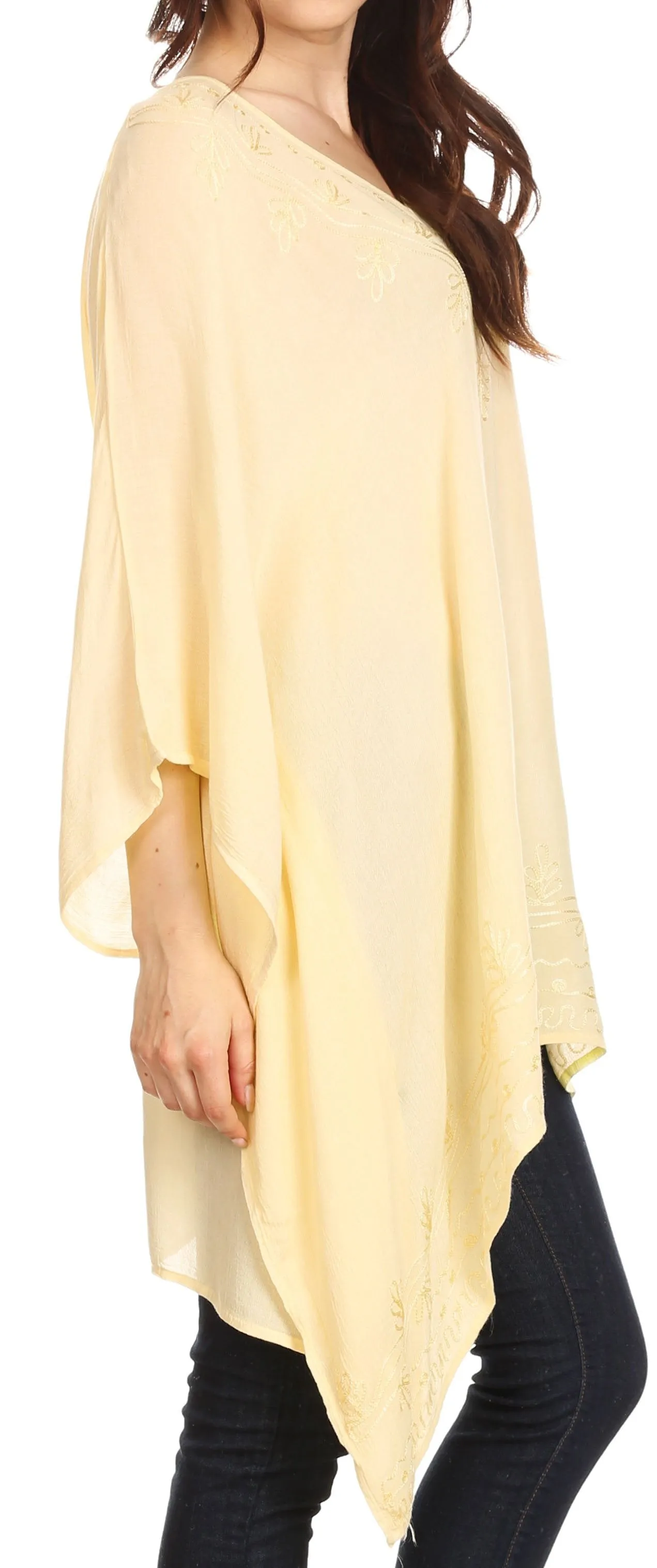 Sakkas Wren Lightweight Circle Poncho Top Blouse With Detailed Embroidery