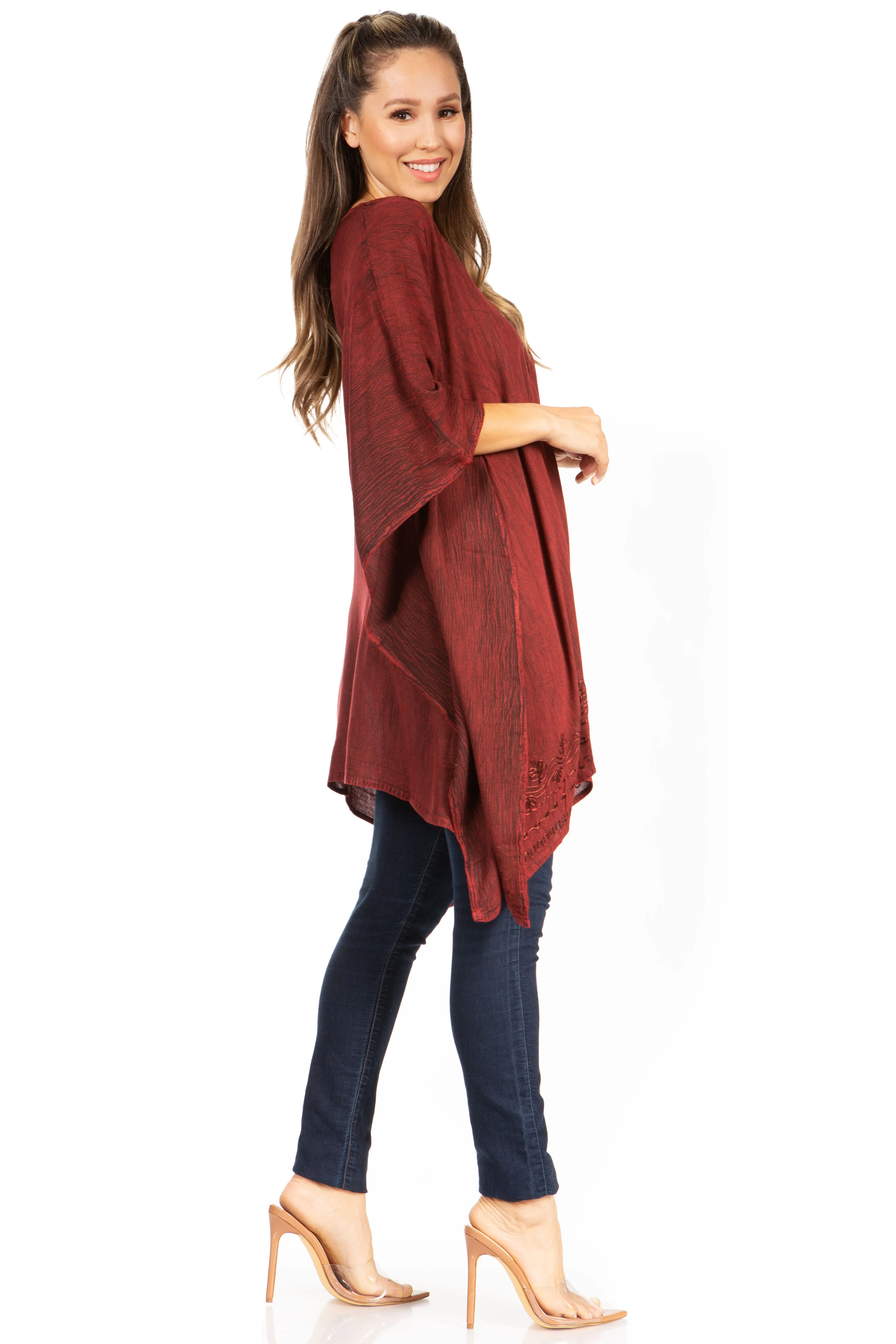 Sakkas Wren Lightweight Circle Poncho Top Blouse With Detailed Embroidery