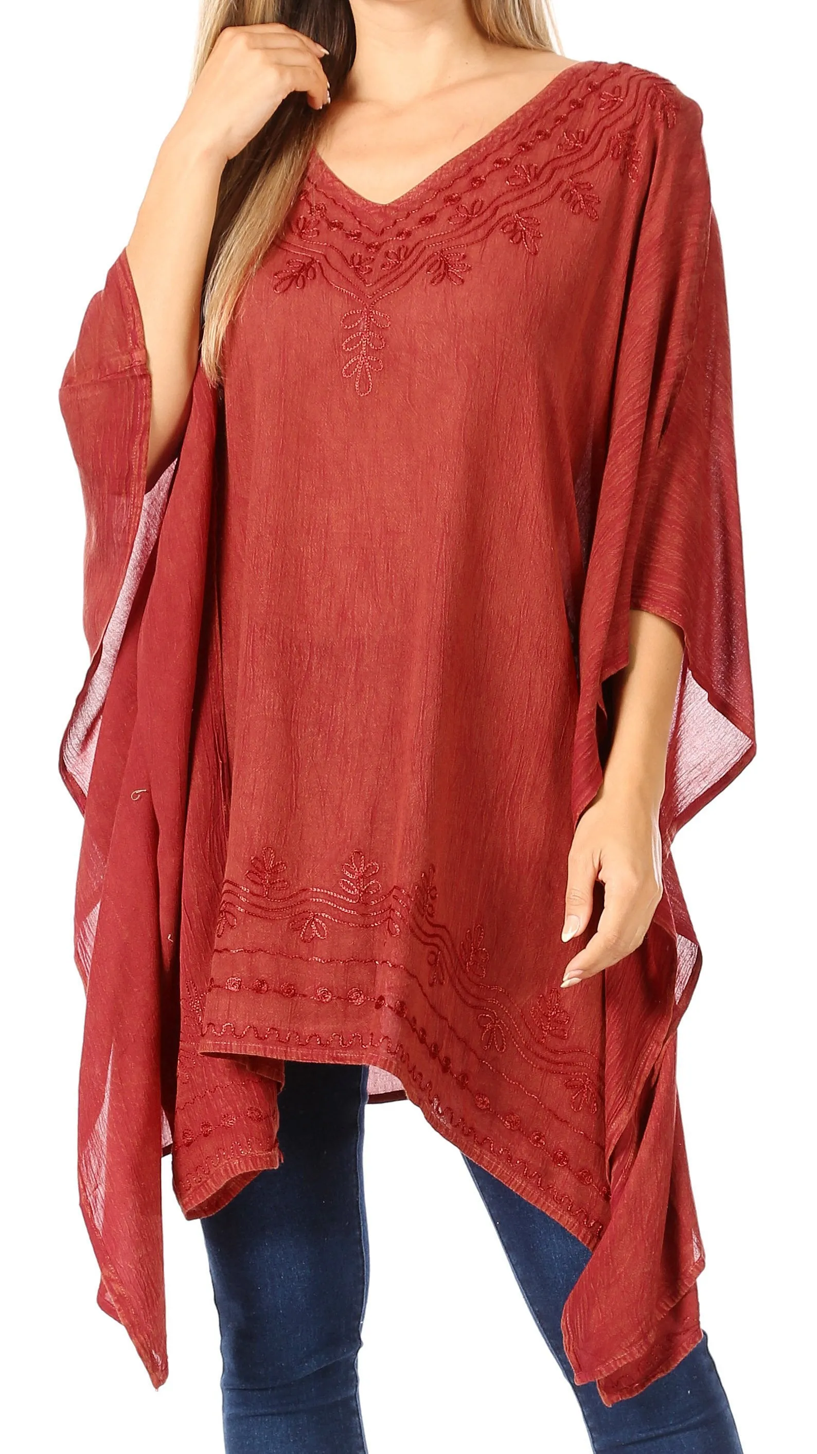 Sakkas Wren Lightweight Circle Poncho Top Blouse With Detailed Embroidery