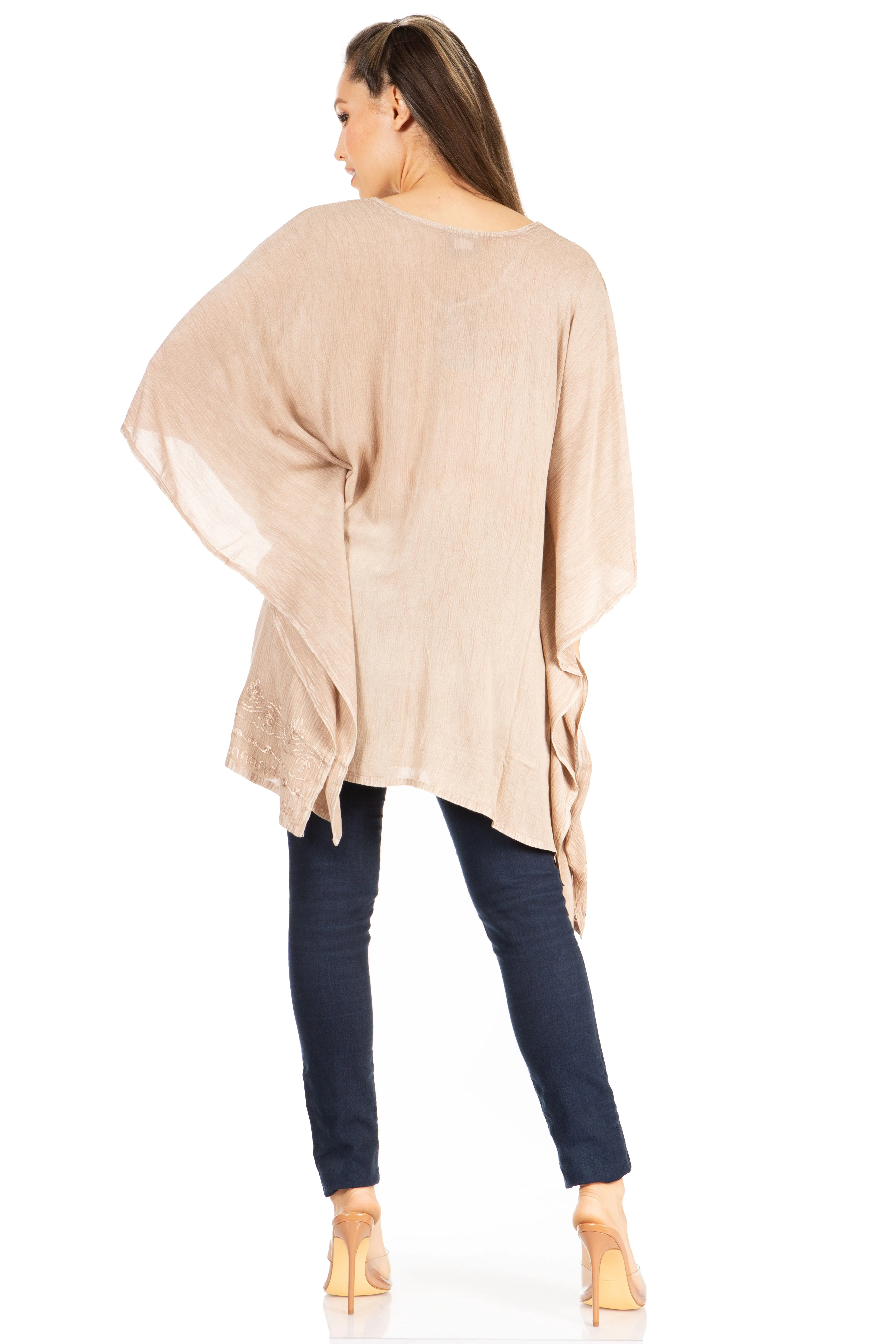 Sakkas Wren Lightweight Circle Poncho Top Blouse With Detailed Embroidery