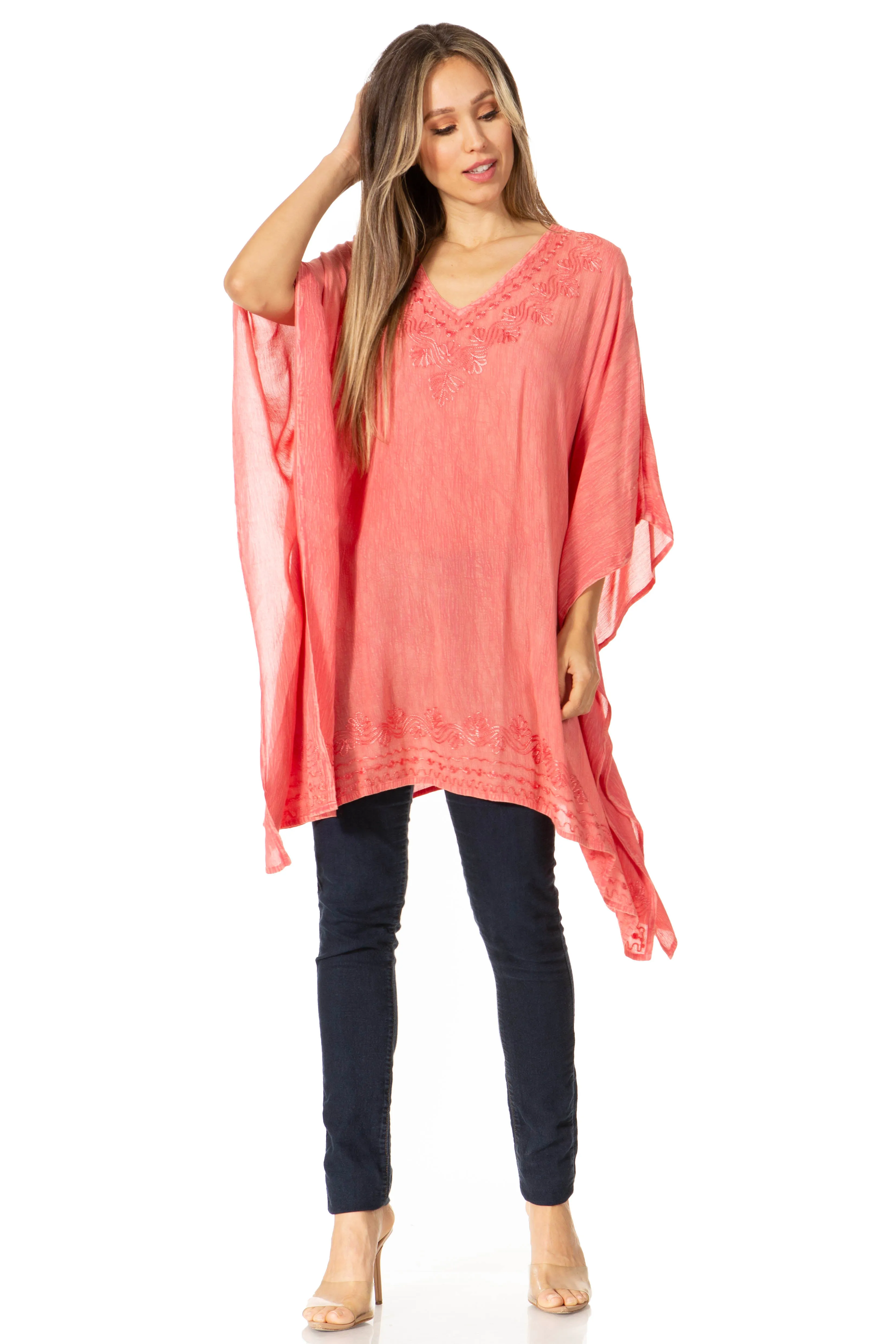 Sakkas Wren Lightweight Circle Poncho Top Blouse With Detailed Embroidery