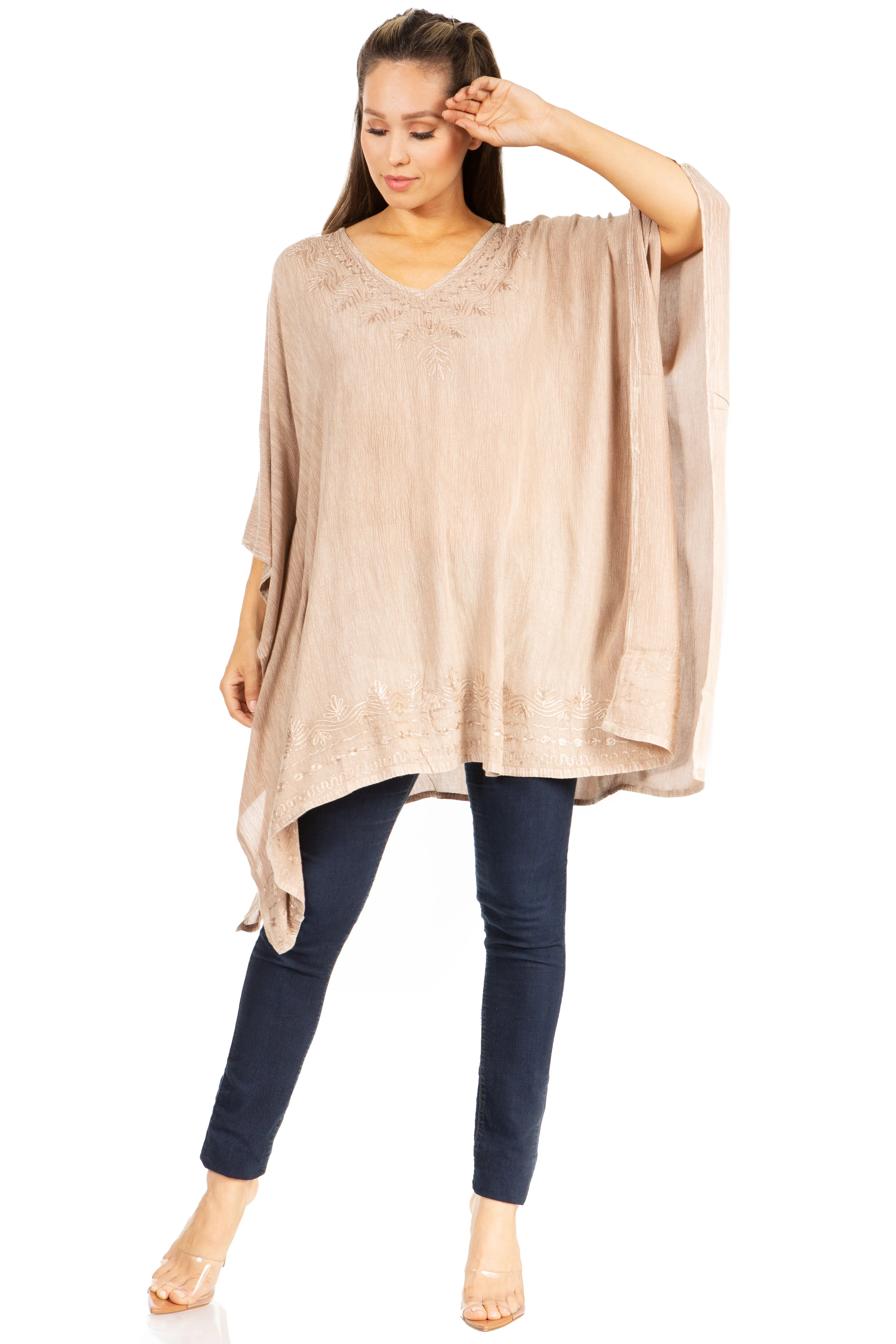 Sakkas Wren Lightweight Circle Poncho Top Blouse With Detailed Embroidery