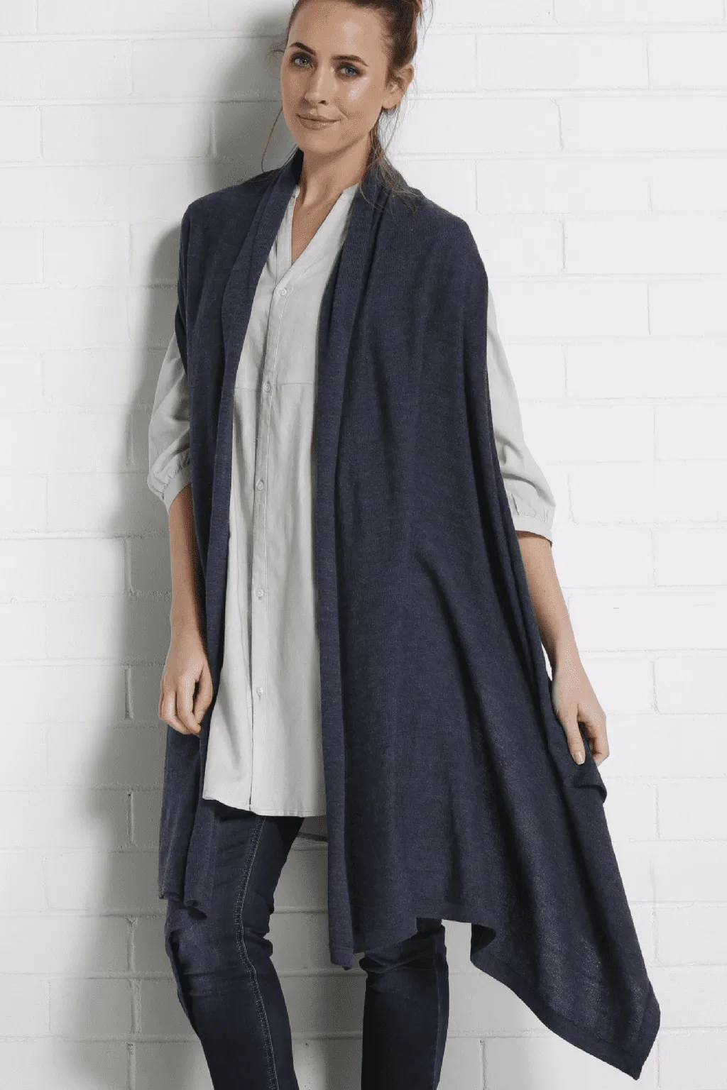 SANCHA Long Poncho Vest - Navy