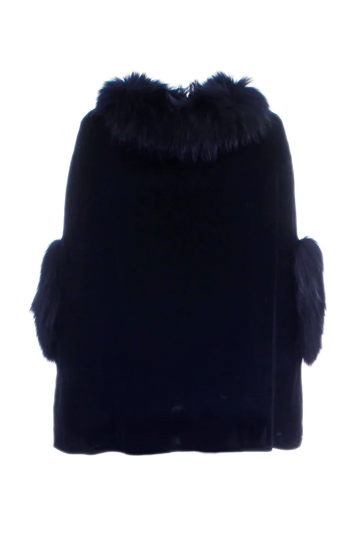 Silk Velvet Poncho with Raccoon Fur Trim