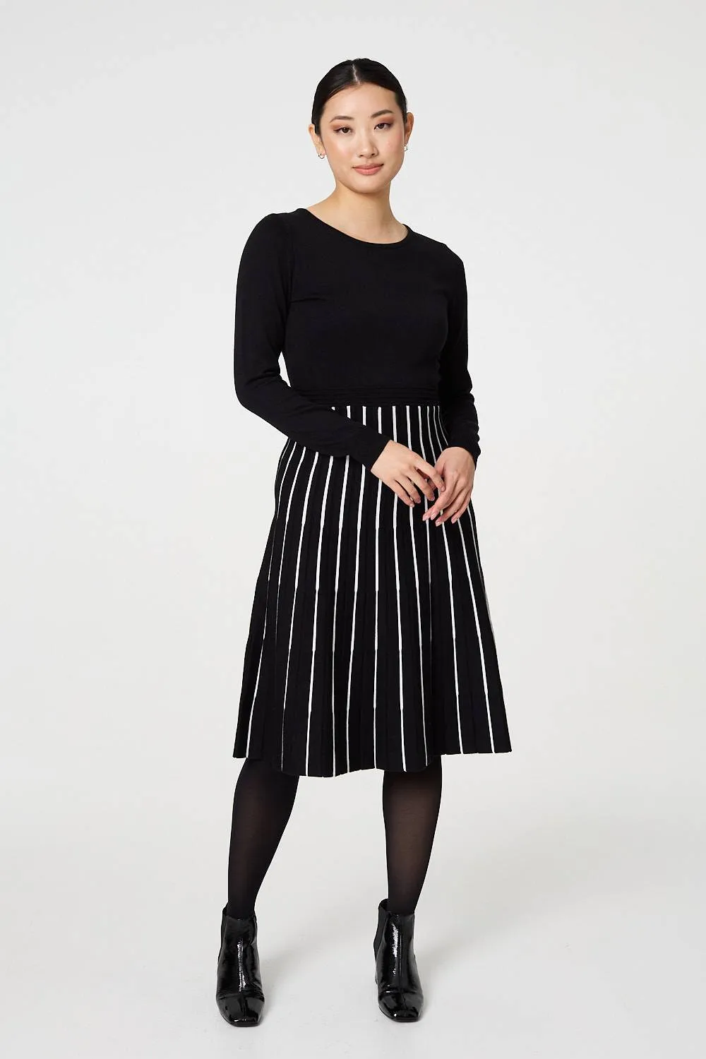 Striped Pleat Skirt Knitted Midi Dress