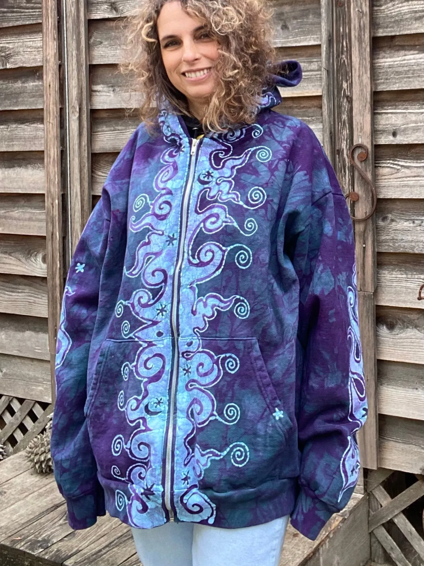 Teal and Purple Tuxedo Swirls Handcrafted Batik Zipper Hoodie - Size XL