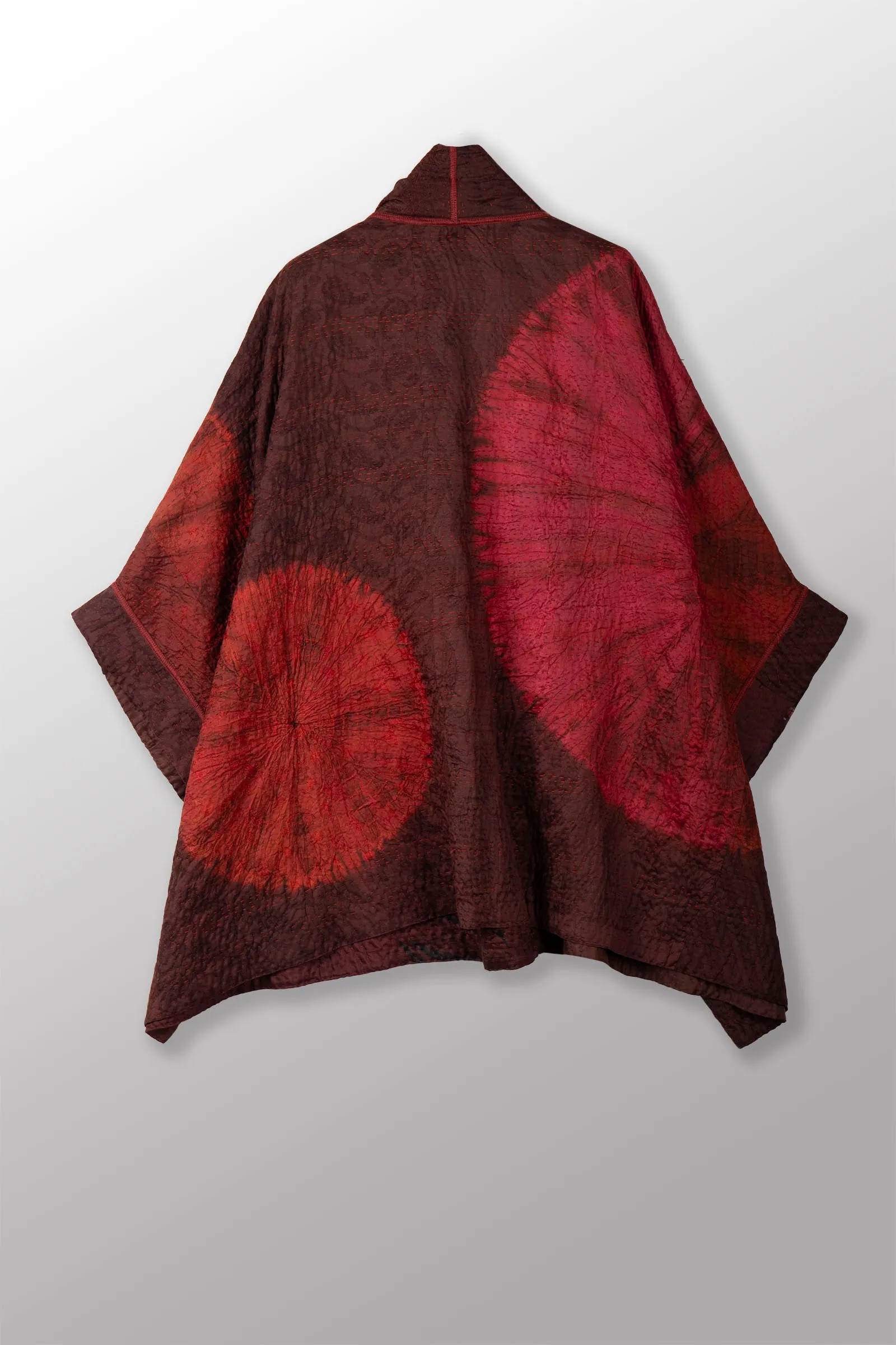 TIE DYE CIRCLE SHIBORI KANTHA DOUBLE COLLAR PONCHO - td4323-brn -