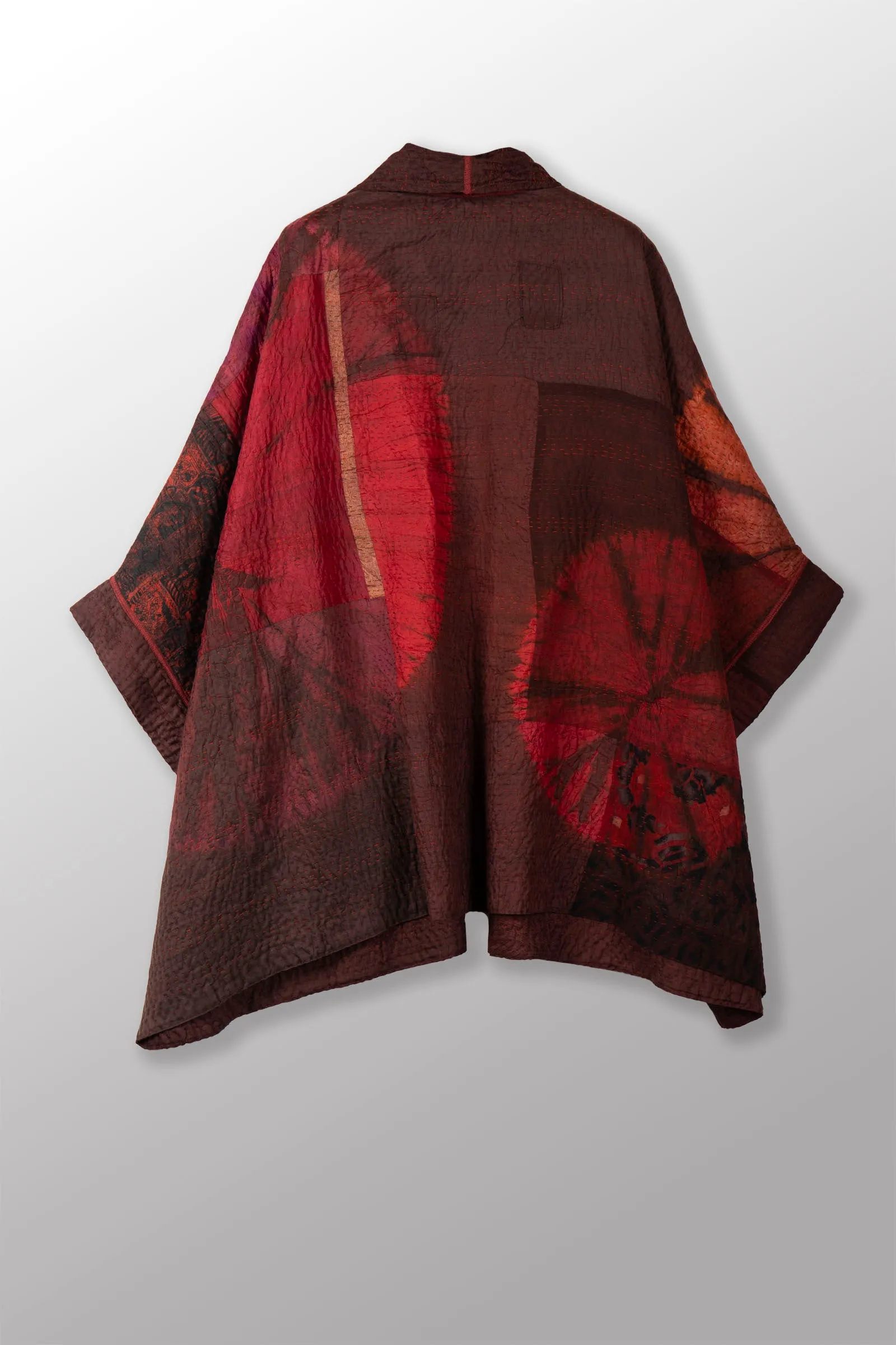 TIE DYE CIRCLE SHIBORI KANTHA DOUBLE COLLAR PONCHO - td4323-brn -