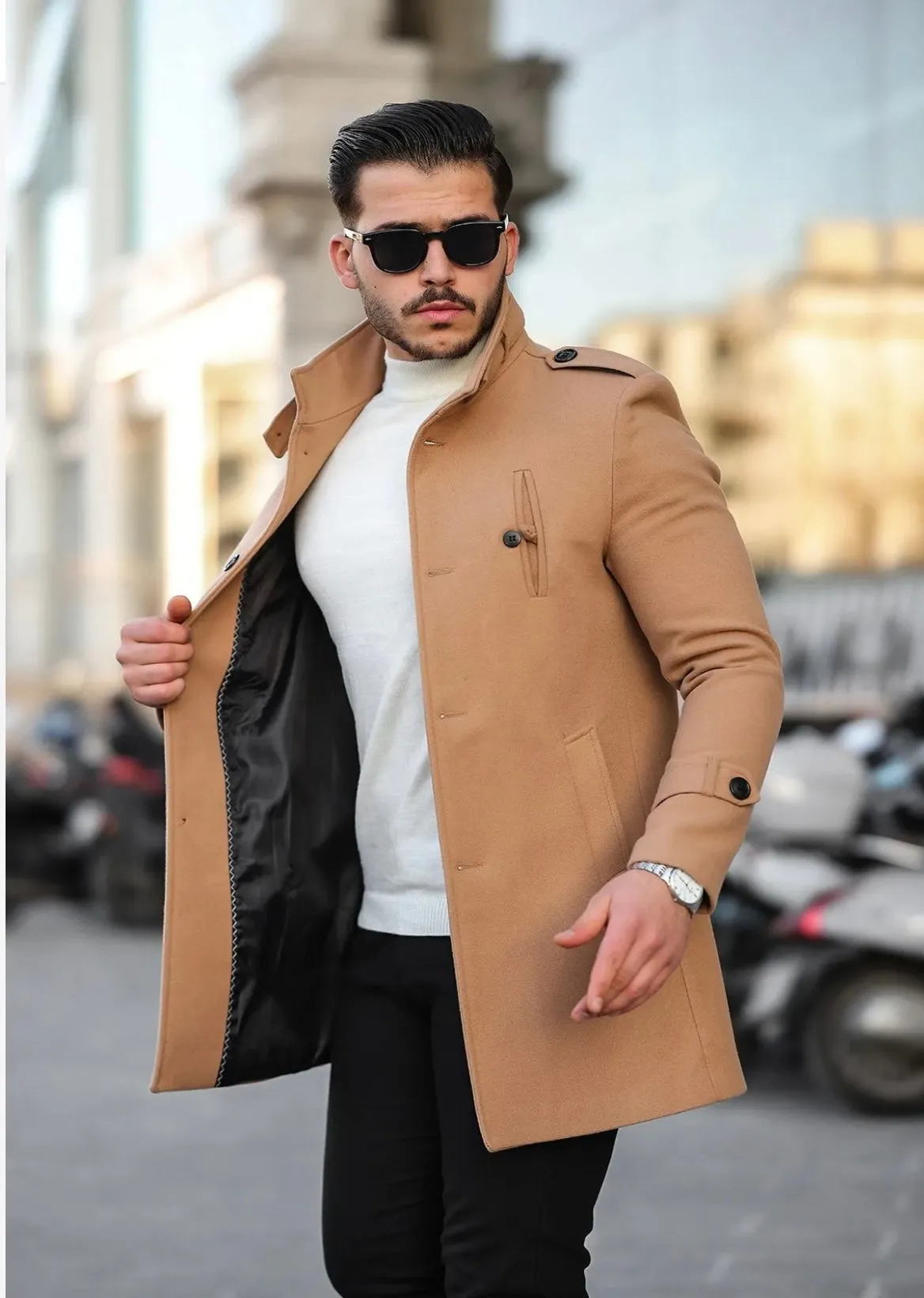 [Tommy] Beige Single-Breasted Pea Coat –100% Wool