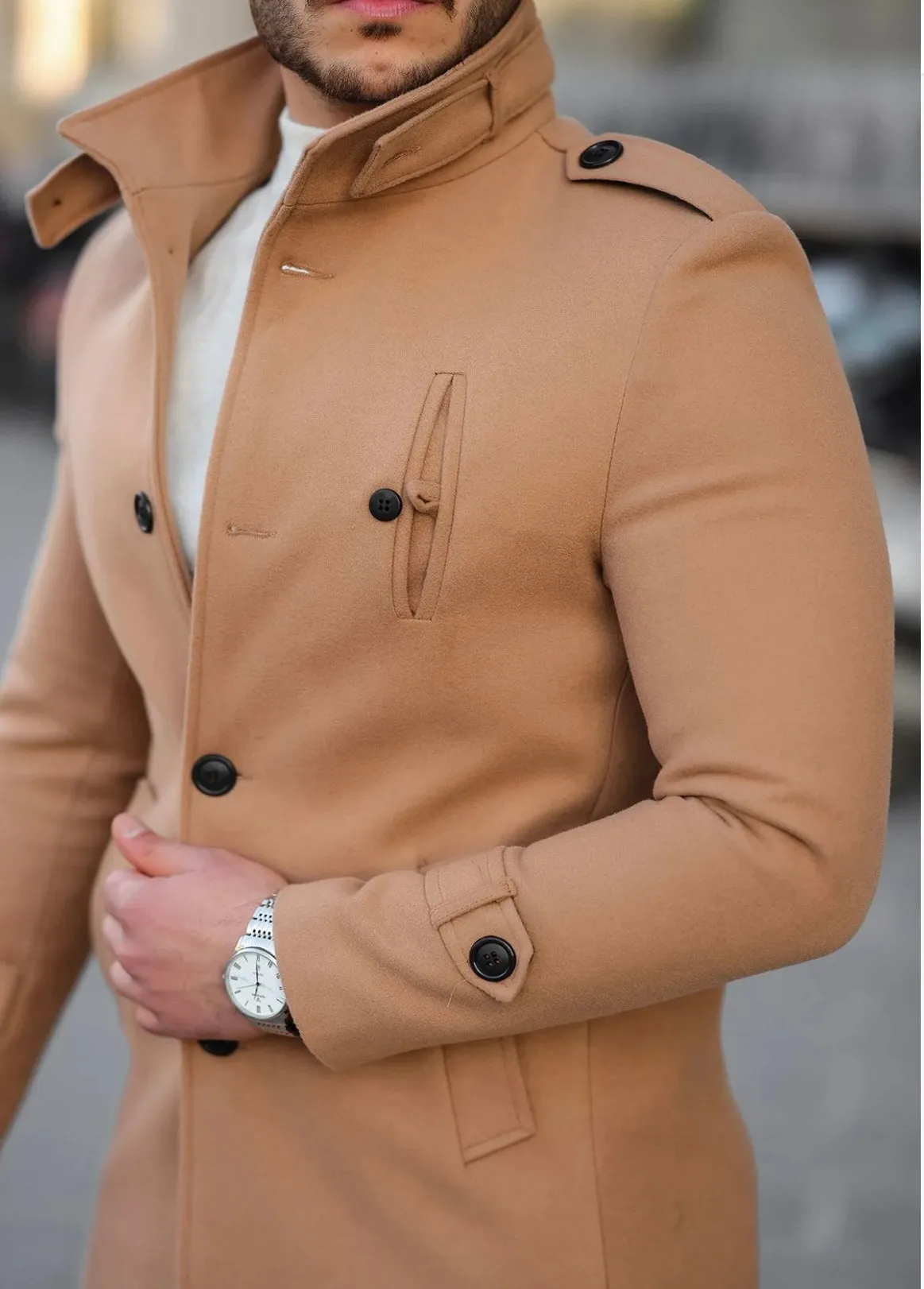 [Tommy] Beige Single-Breasted Pea Coat –100% Wool