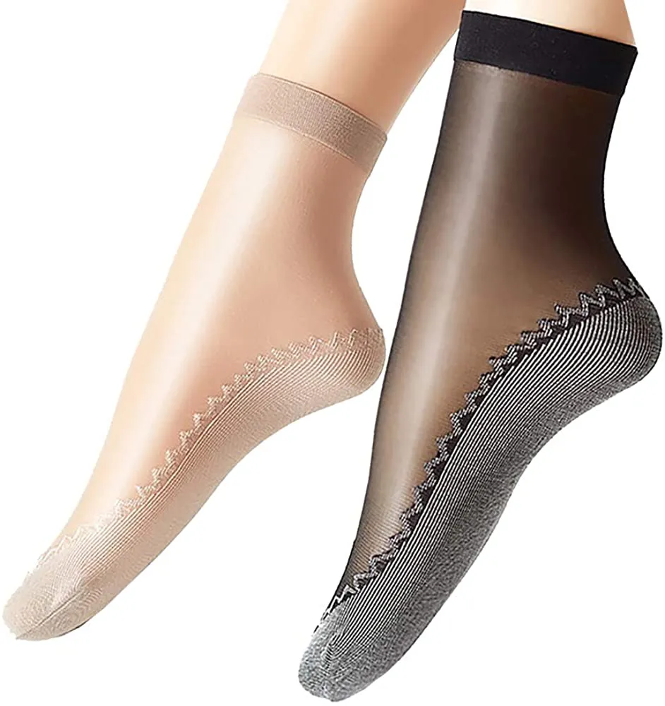 Ueither Women's 12 Pairs Silky Anti-Slip Cotton Sole Sheer Ankle High Tights Hosiery Socks Reinforced Toe