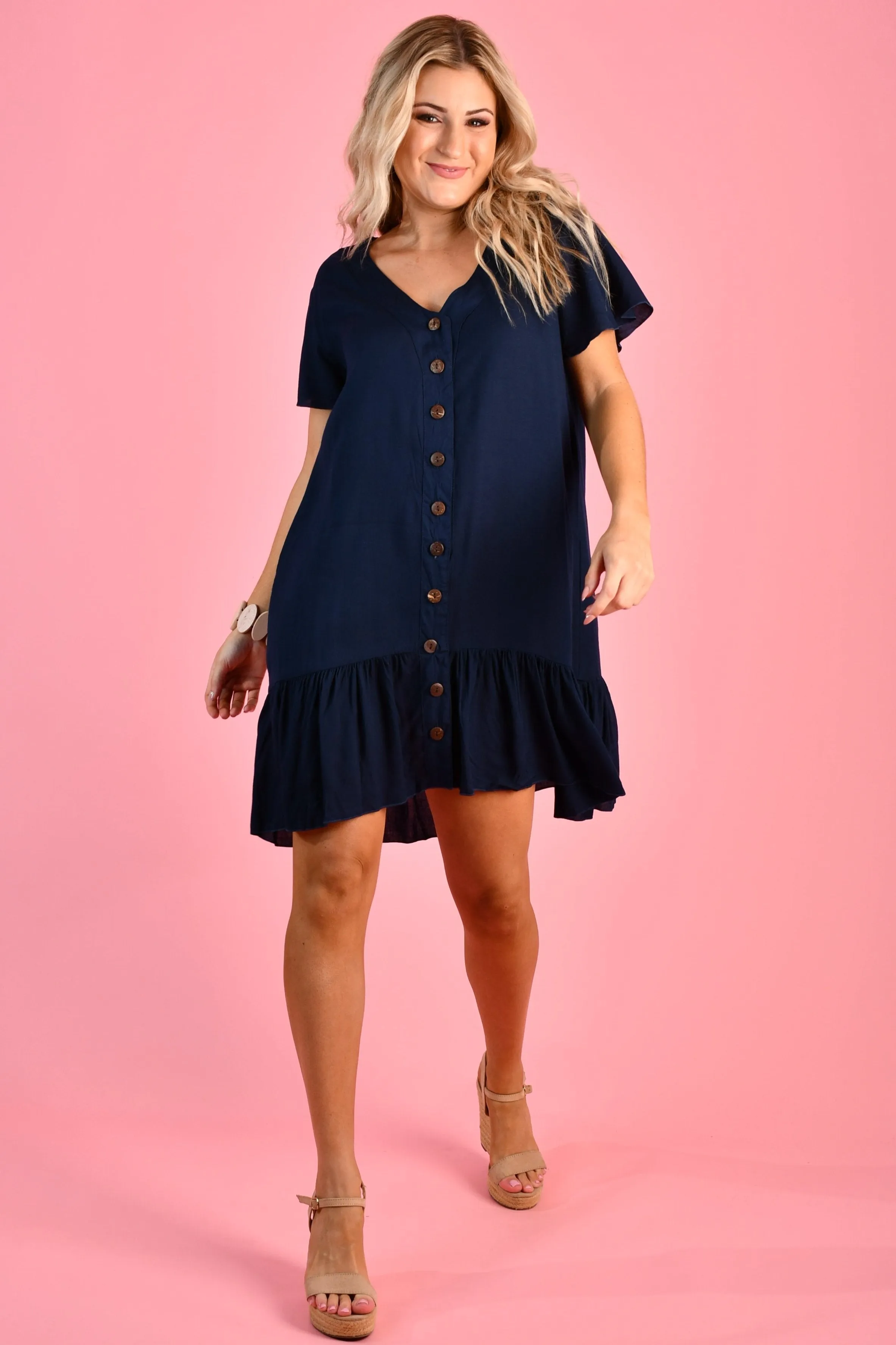 VGLD219 - CAP SLEEVE BUTTON DRESS - NAVY