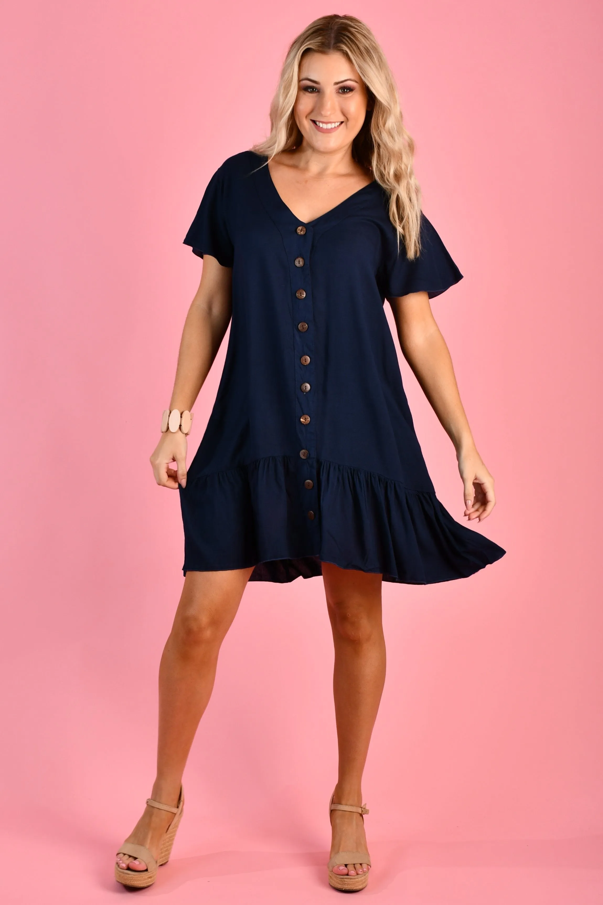 VGLD219 - CAP SLEEVE BUTTON DRESS - NAVY