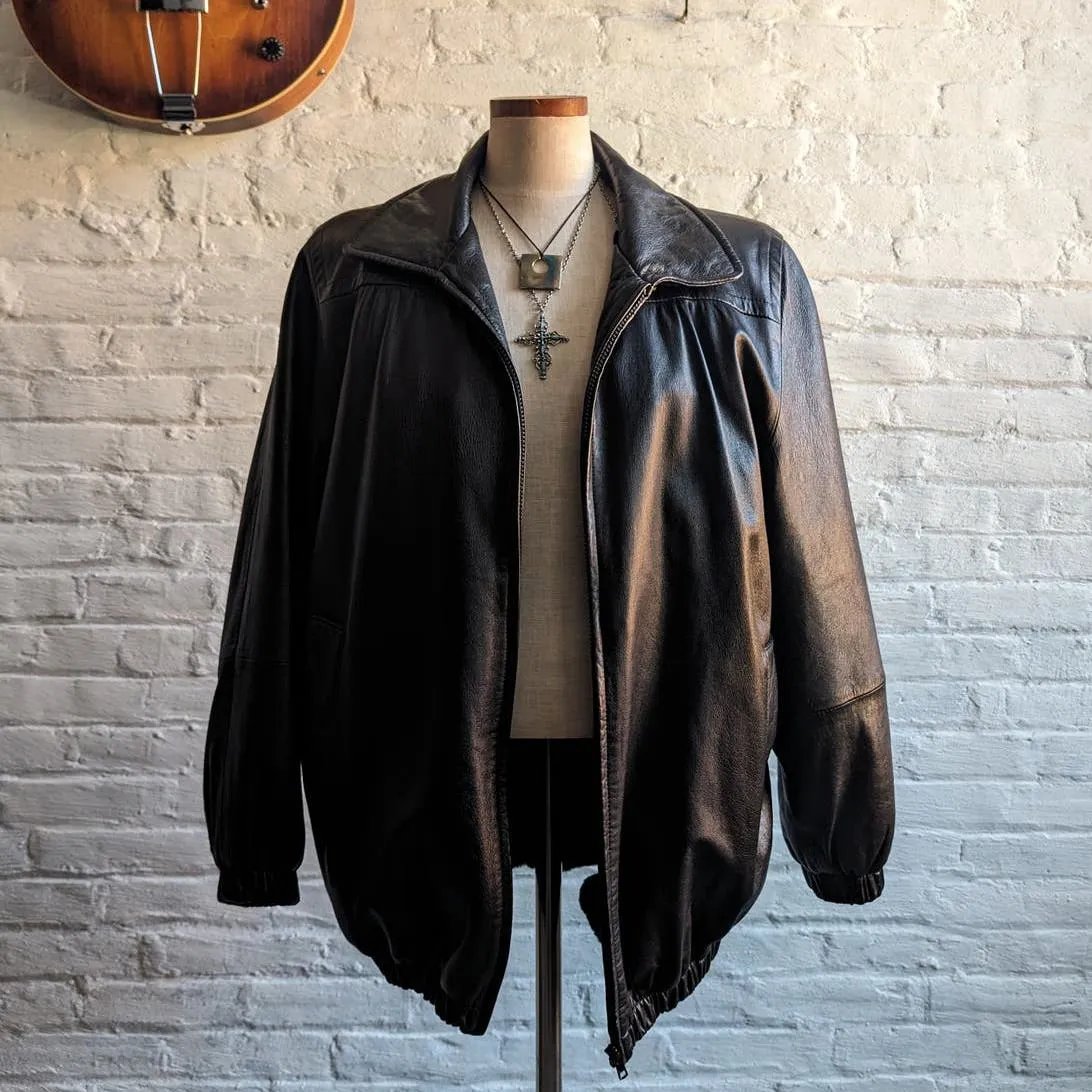 Vintage Black Leather Biker Fur Bomber Coat Minimalist Penny Lane Duster Jacket