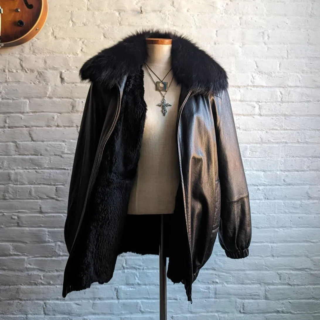 Vintage Black Leather Biker Fur Bomber Coat Minimalist Penny Lane Duster Jacket