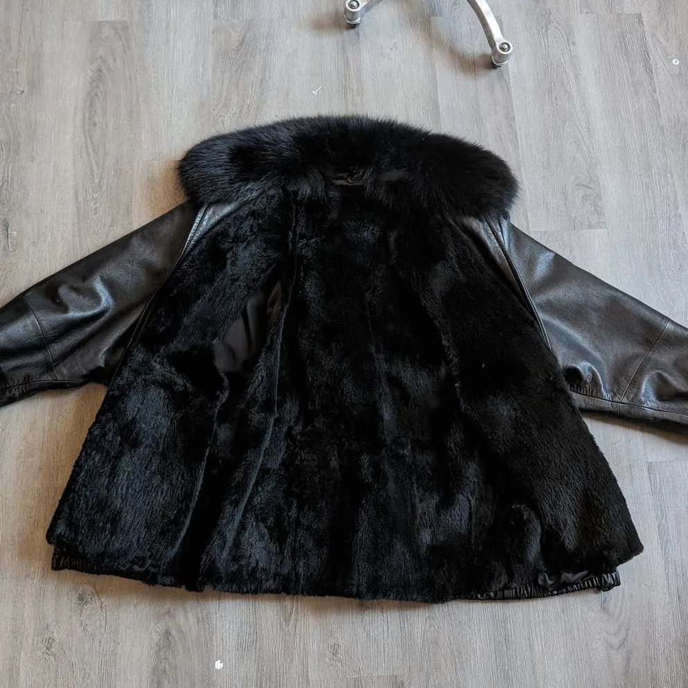 Vintage Black Leather Biker Fur Bomber Coat Minimalist Penny Lane Duster Jacket