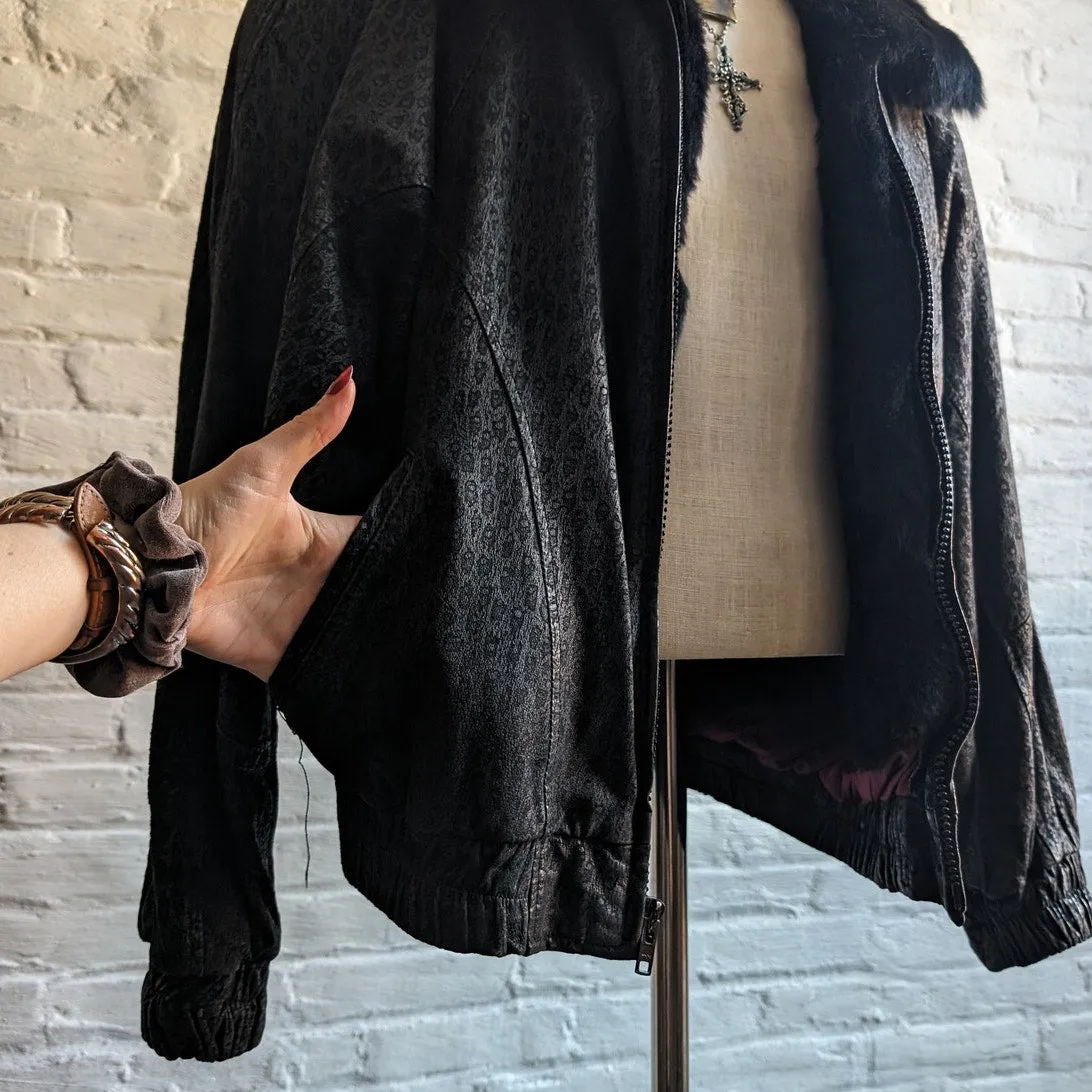 Vintage Black Leather Fur Bomber Jacket Minimalist Genuine Suede Moto Biker Coat