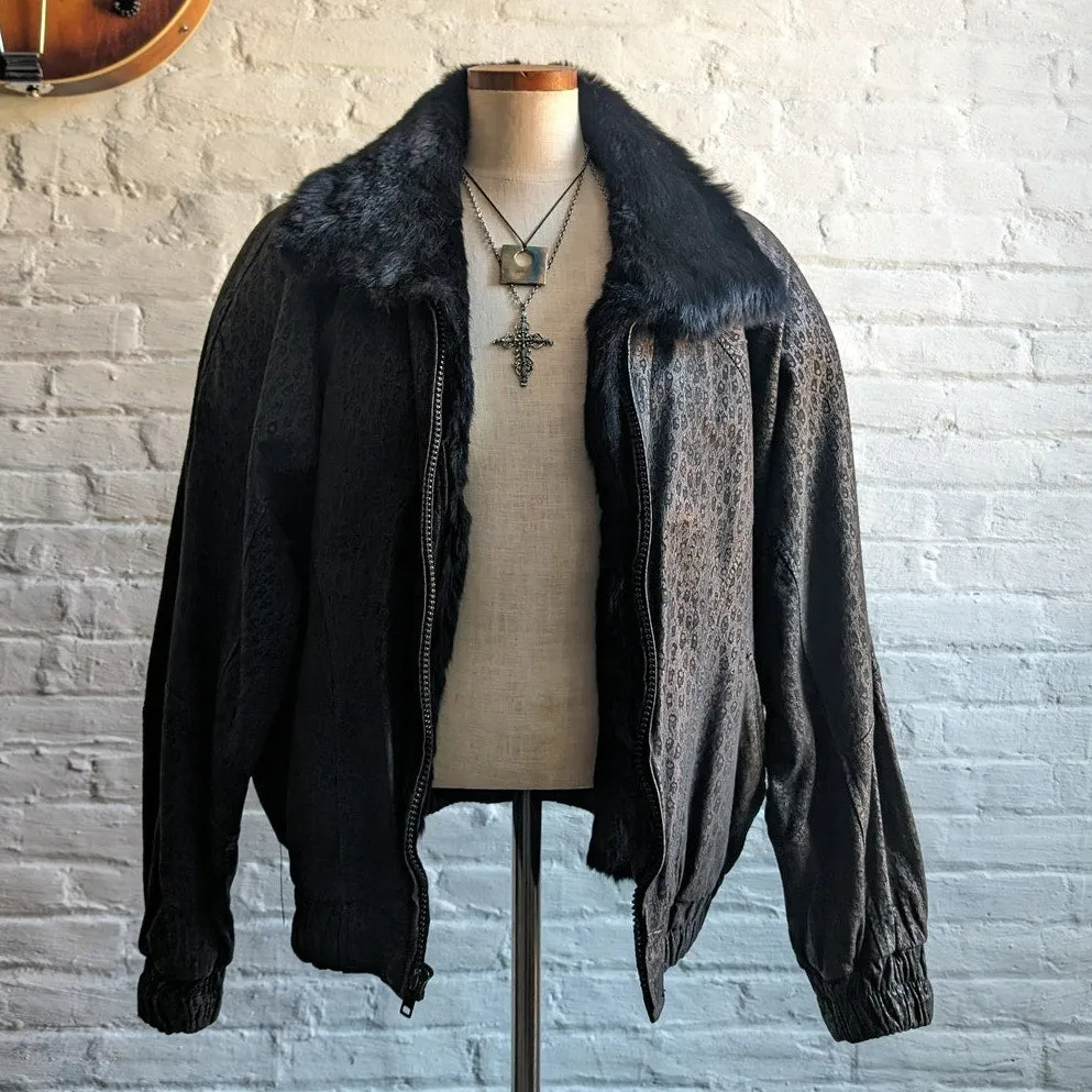 Vintage Black Leather Fur Bomber Jacket Minimalist Genuine Suede Moto Biker Coat