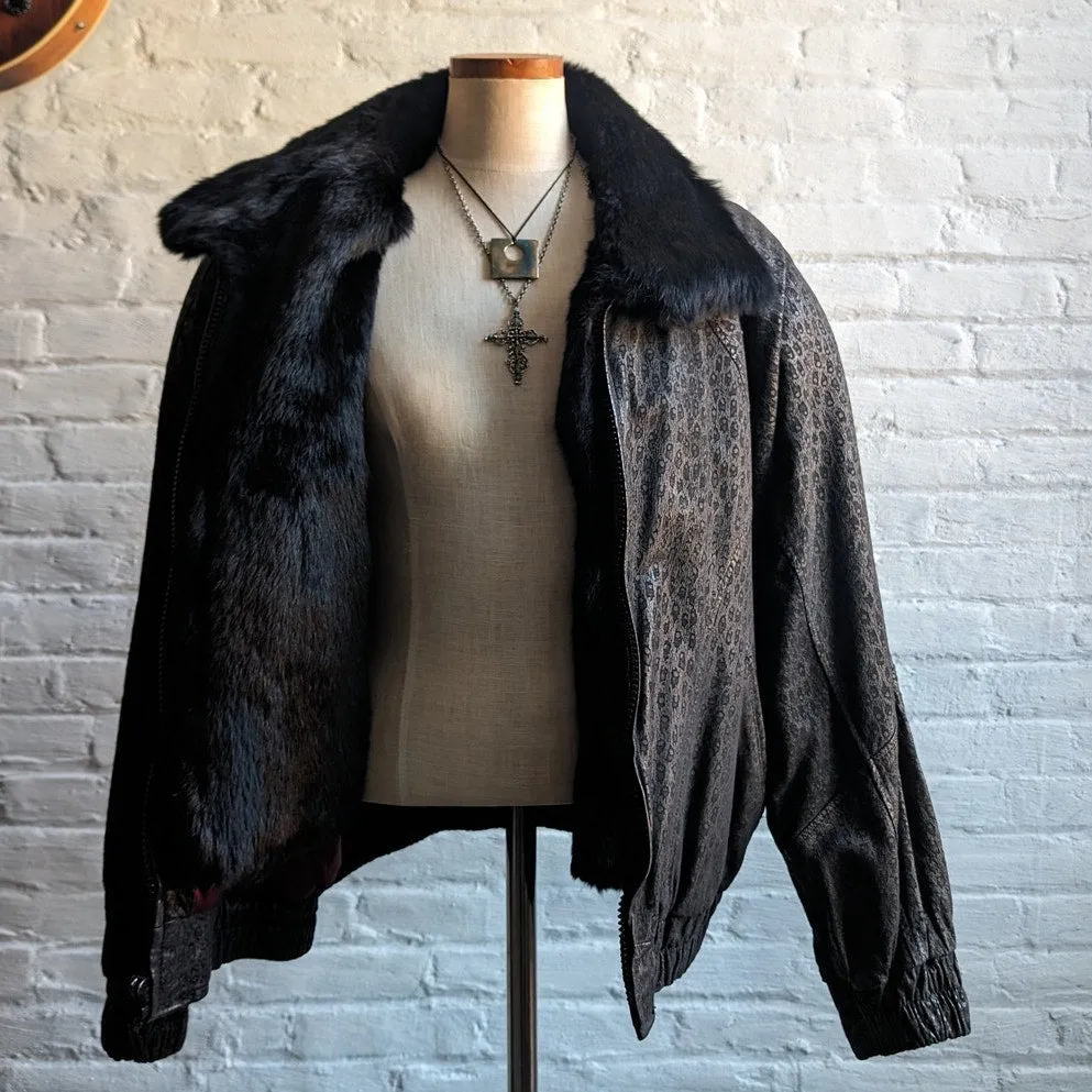 Vintage Black Leather Fur Bomber Jacket Minimalist Genuine Suede Moto Biker Coat