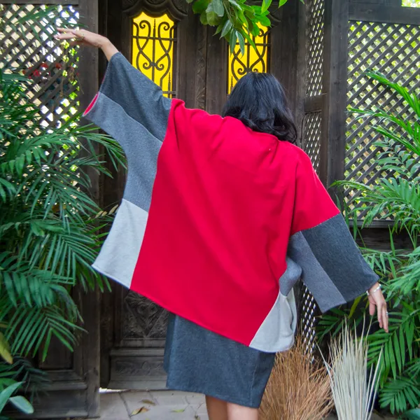 W244 Shades-of-Grey and Red Cotton-Cashmere Poncho - free size