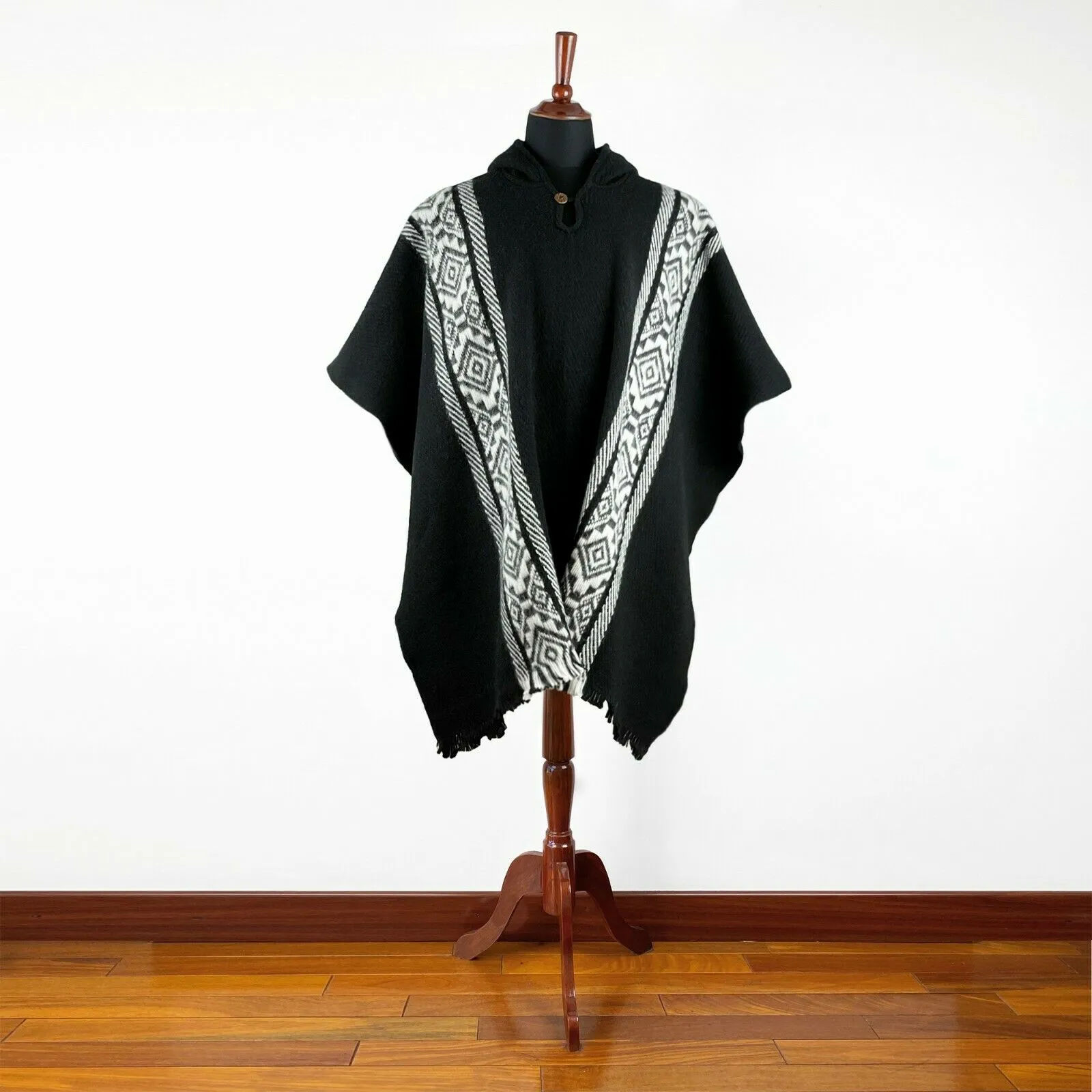 Wintza - Llama Wool Unisex South American Handwoven Hooded Poncho - black with white diamonds pattern