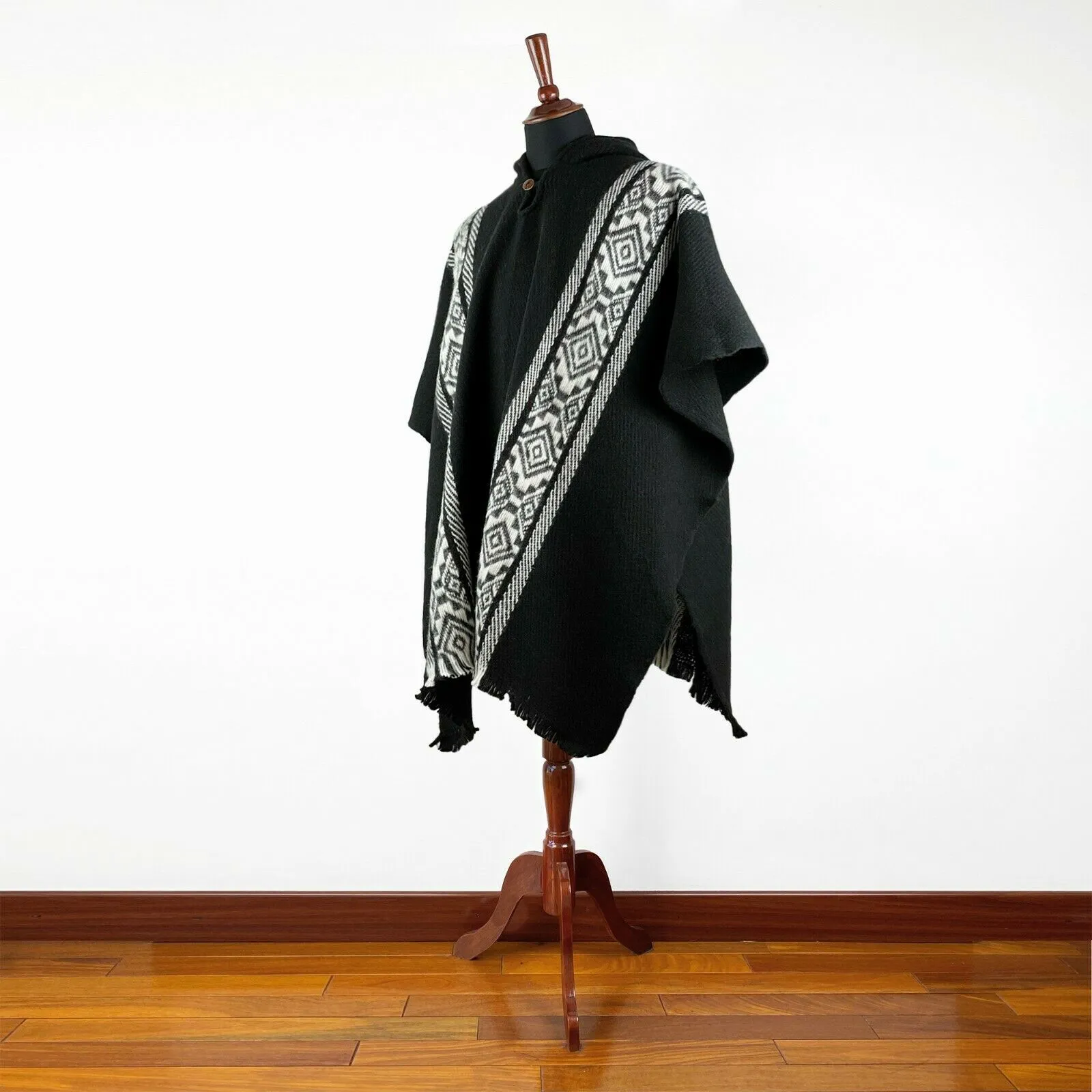 Wintza - Llama Wool Unisex South American Handwoven Hooded Poncho - black with white diamonds pattern