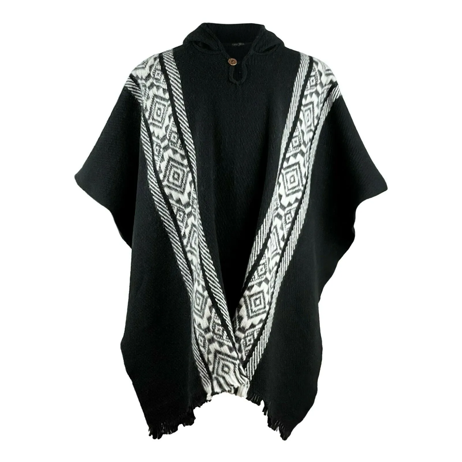 Wintza - Llama Wool Unisex South American Handwoven Hooded Poncho - black with white diamonds pattern