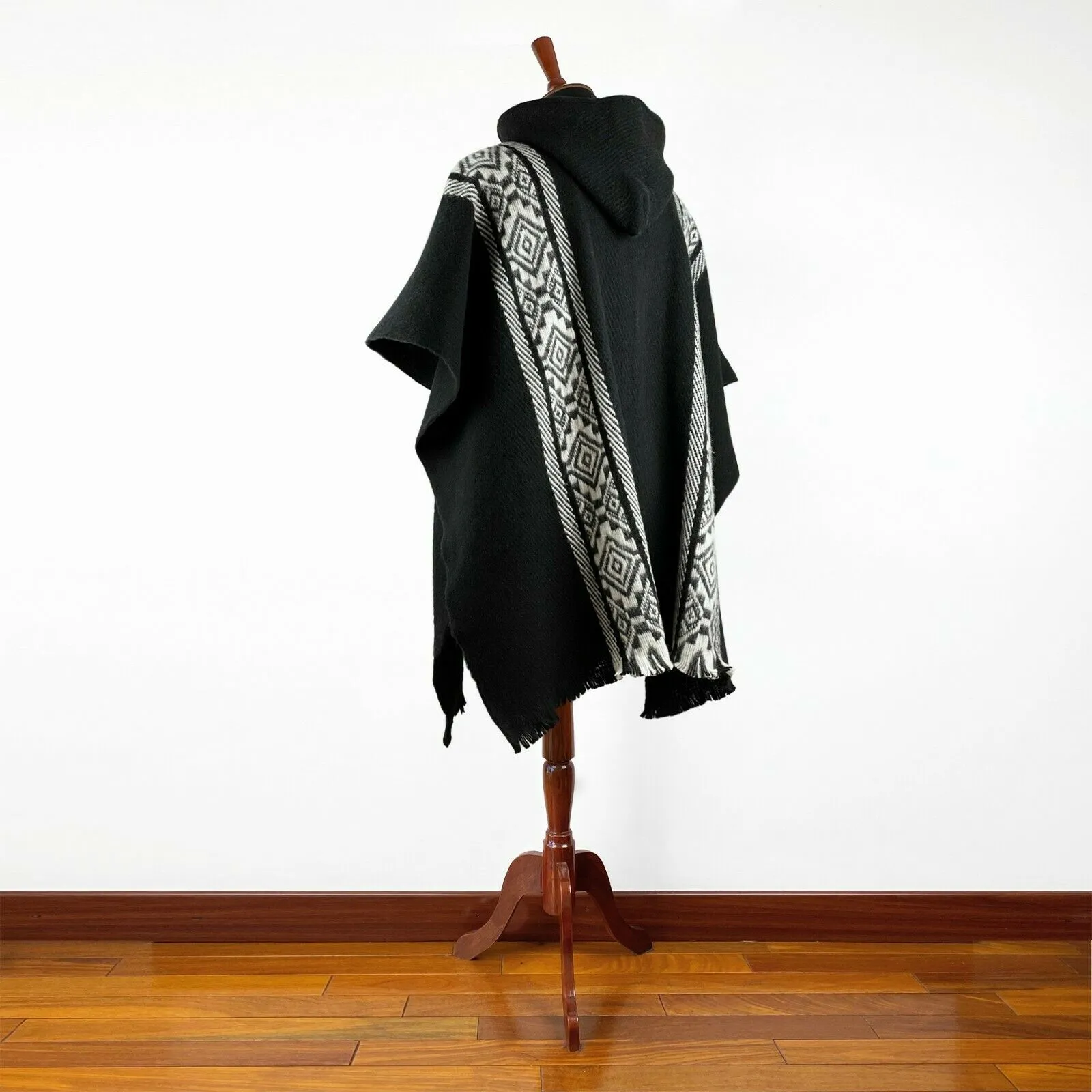 Wintza - Llama Wool Unisex South American Handwoven Hooded Poncho - black with white diamonds pattern