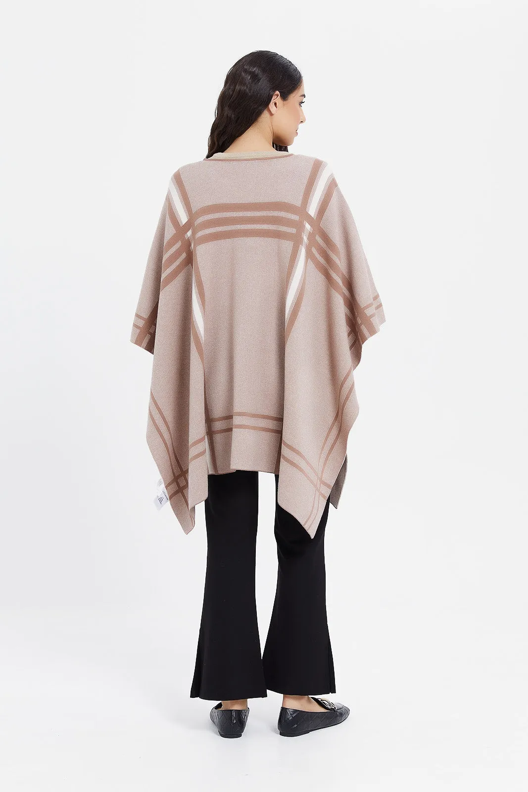 Women Beige Jacquard Poncho Pullover