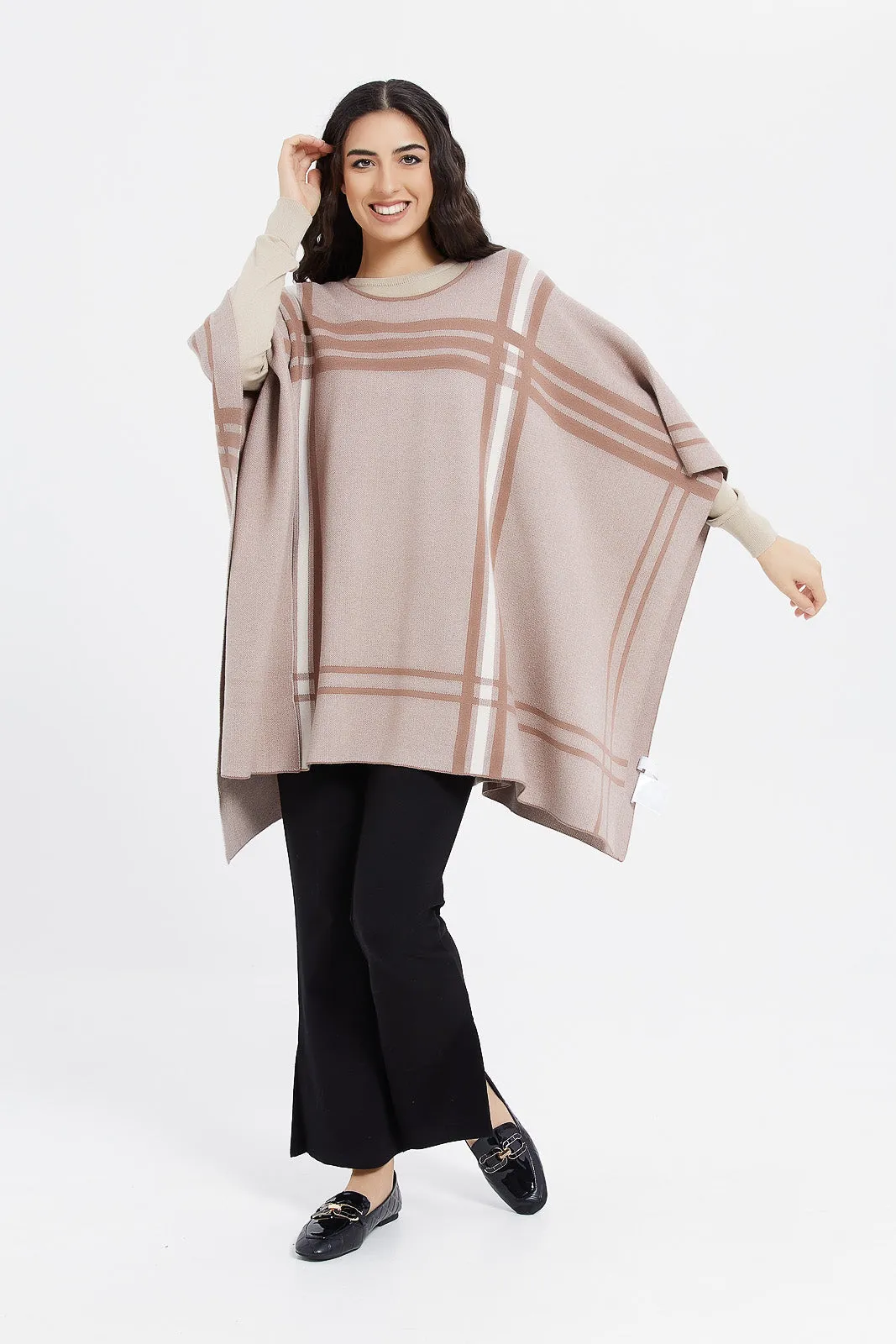 Women Beige Jacquard Poncho Pullover