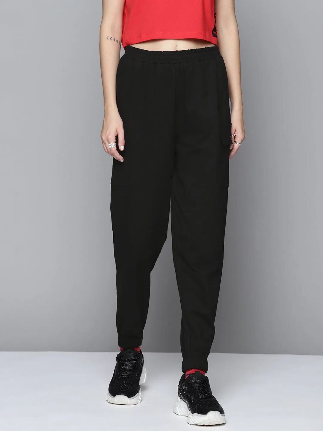 Women Black Terry Side Pocket Joggers