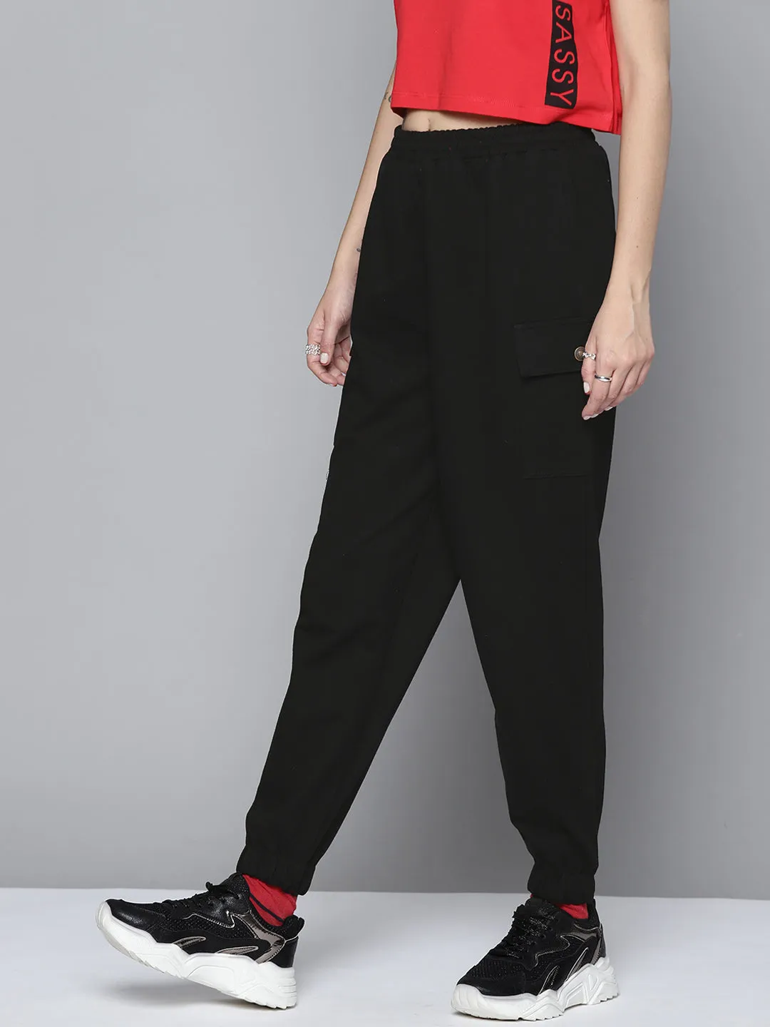 Women Black Terry Side Pocket Joggers