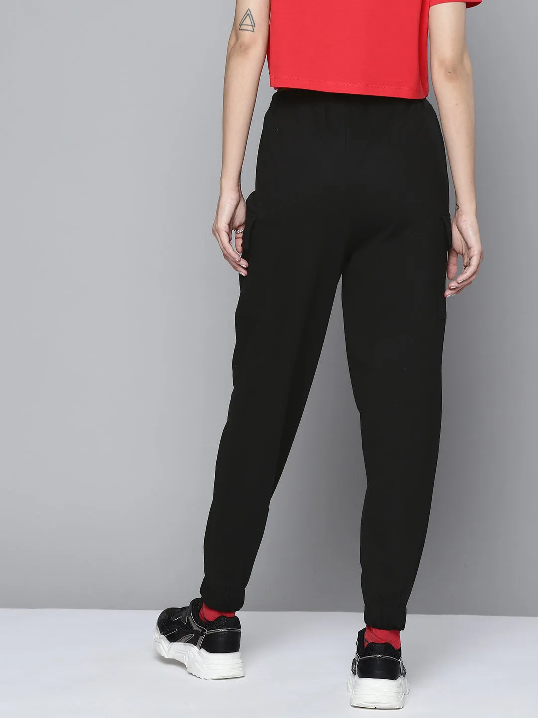 Women Black Terry Side Pocket Joggers