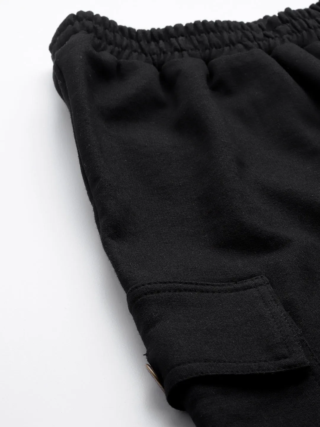 Women Black Terry Side Pocket Joggers