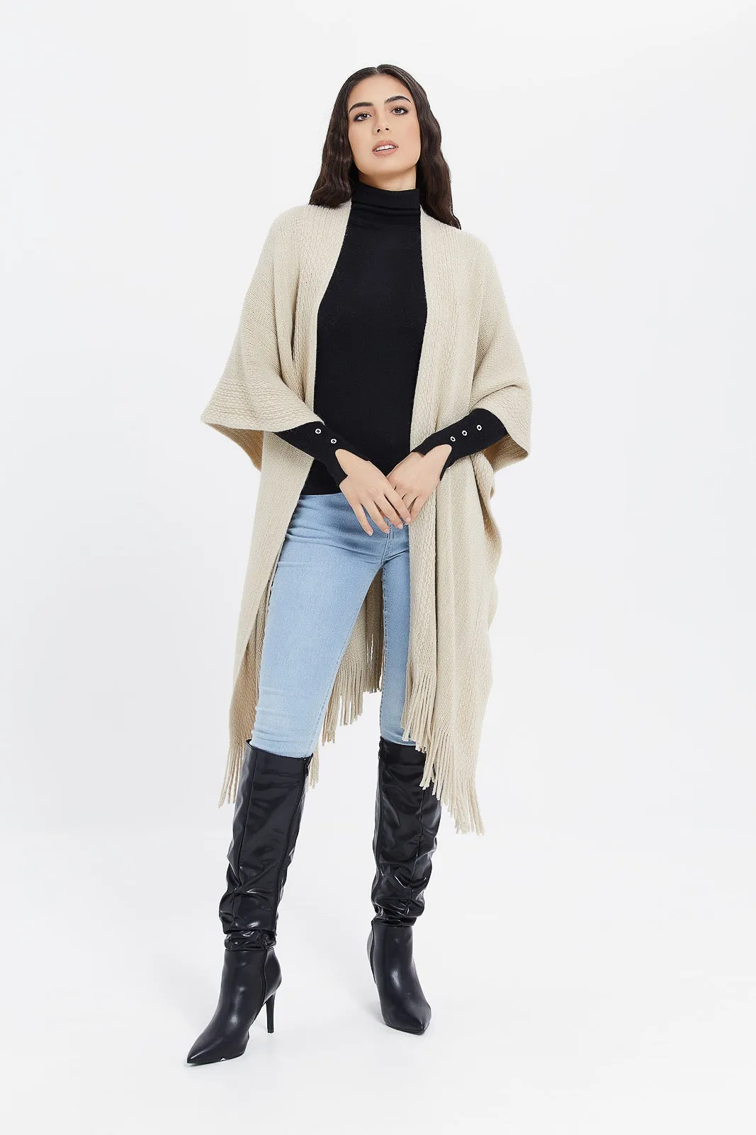 Women Ivory Knitted Poncho With Fringes Cardigan