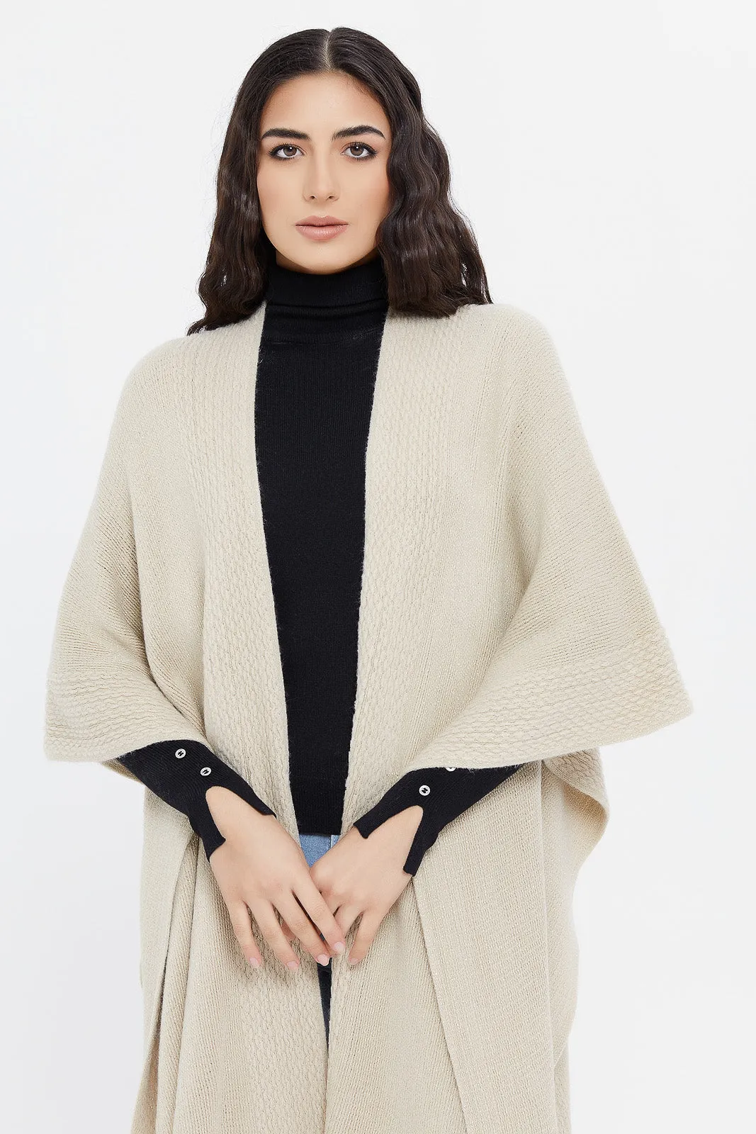 Women Ivory Knitted Poncho With Fringes Cardigan