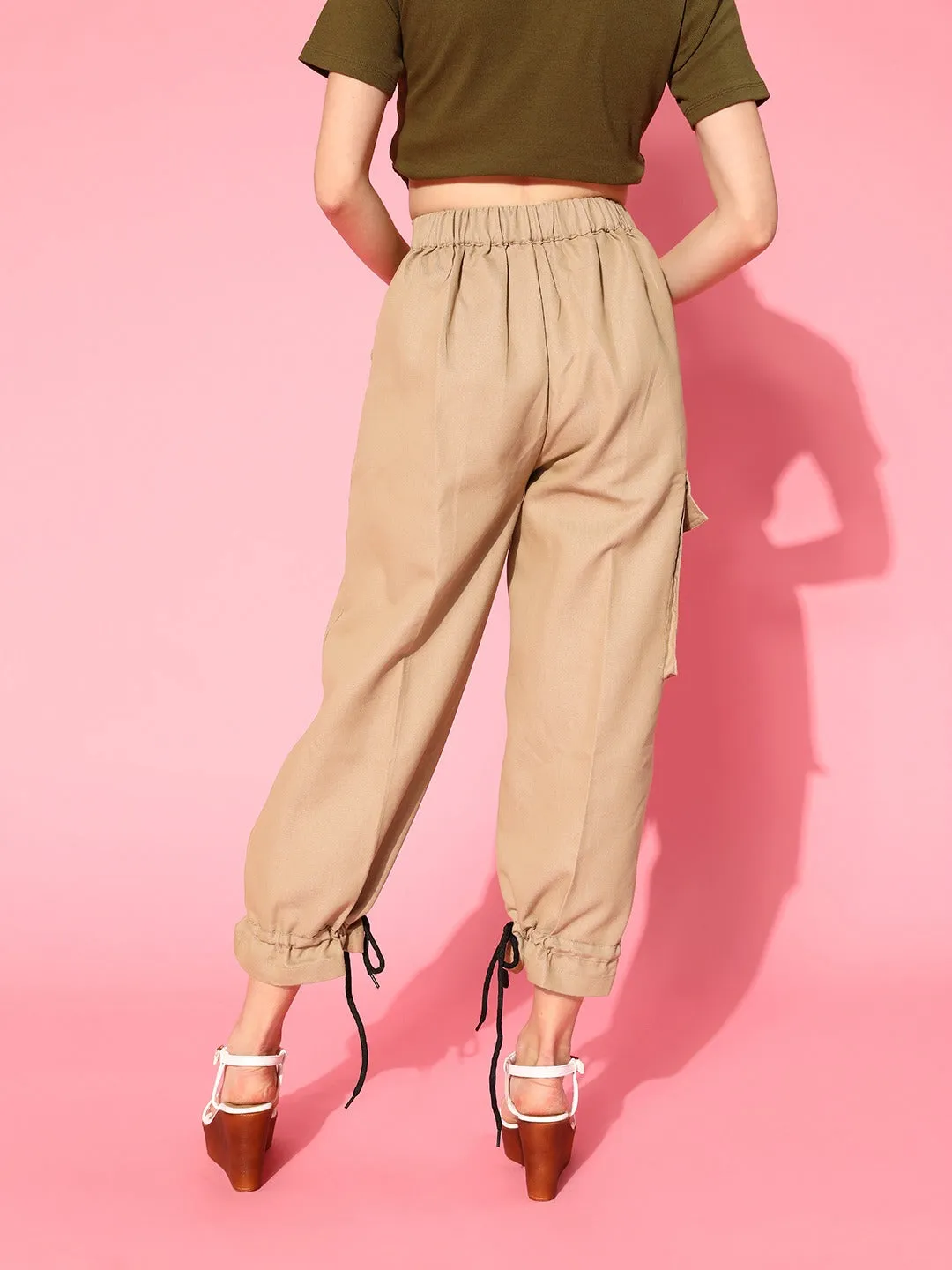 Women Khaki Drawstring Hem Joggers