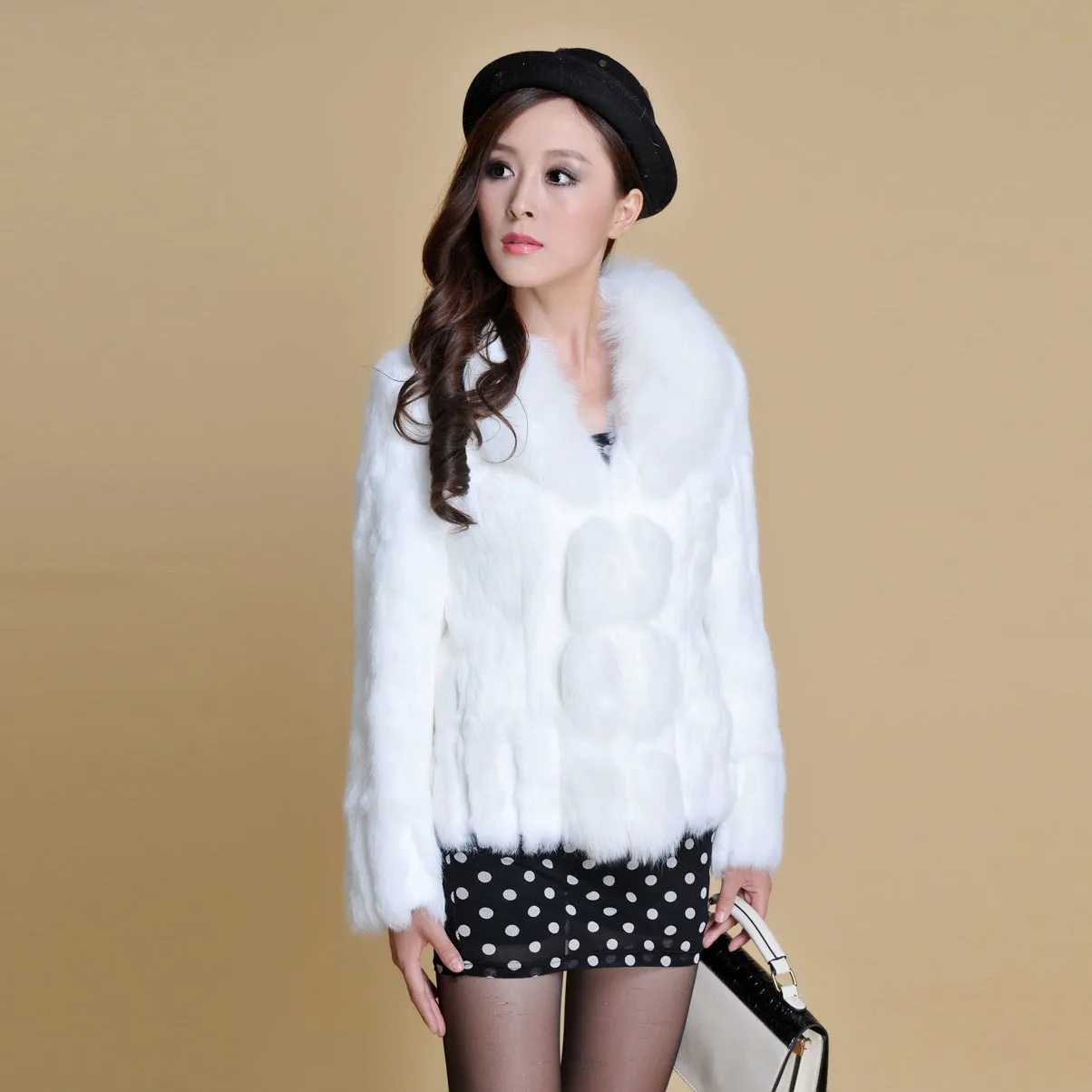 Women' Real Rabbit Fur Jacket with Real Fox Fur Collar Real Fur Jacket Coat 010119