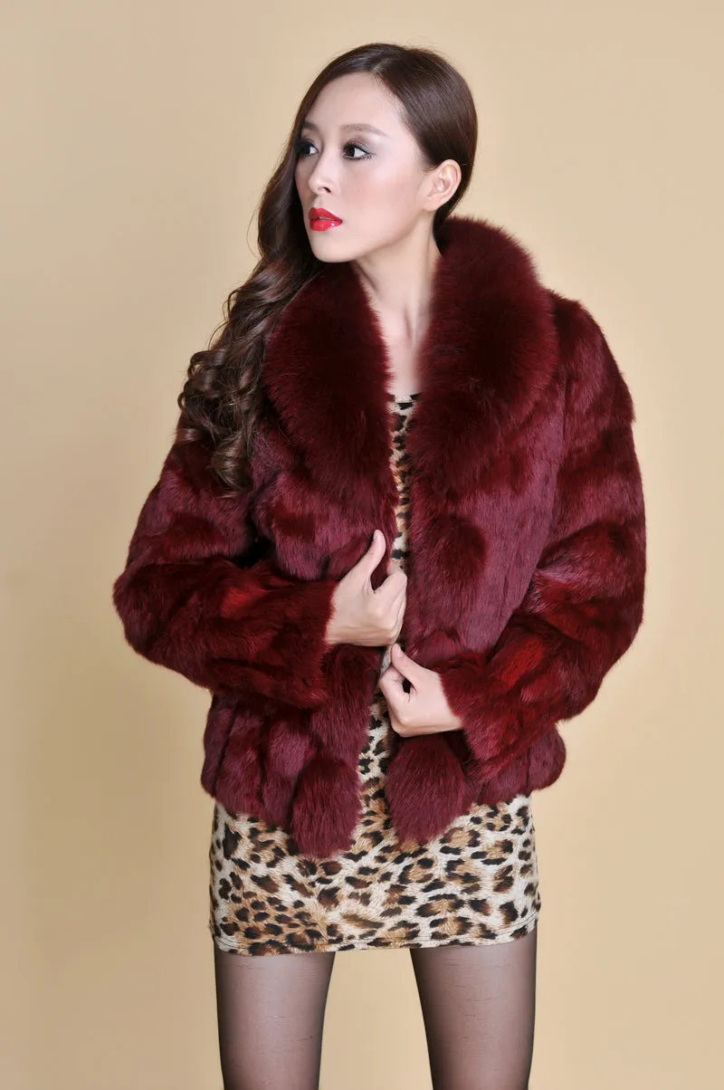 Women' Real Rabbit Fur Jacket with Real Fox Fur Collar Real Fur Jacket Coat 010119