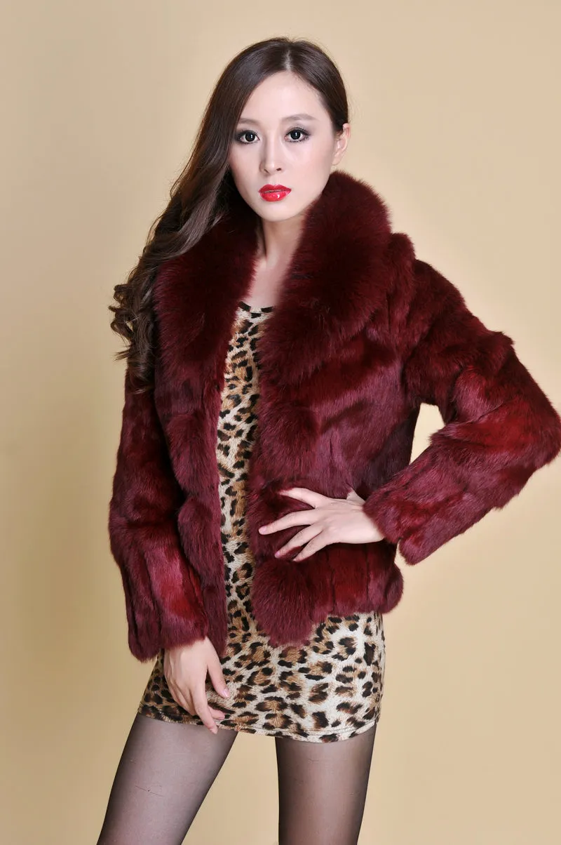 Women' Real Rabbit Fur Jacket with Real Fox Fur Collar Real Fur Jacket Coat 010119