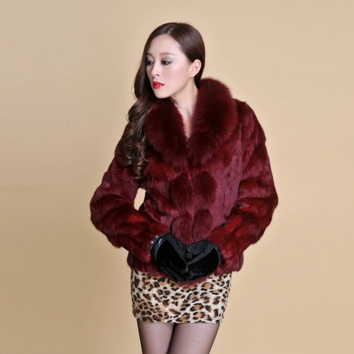 Women' Real Rabbit Fur Jacket with Real Fox Fur Collar Real Fur Jacket Coat 010119