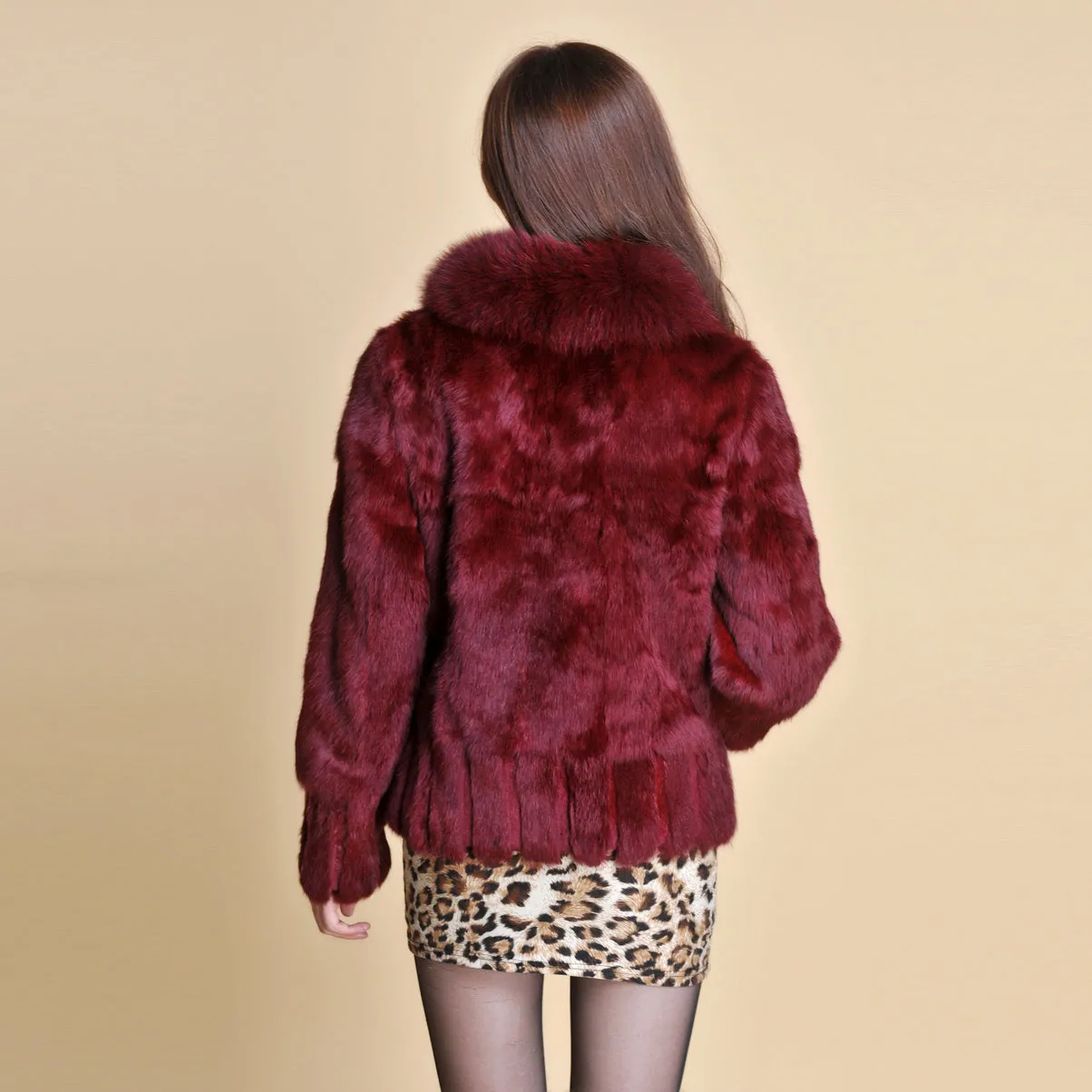 Women' Real Rabbit Fur Jacket with Real Fox Fur Collar Real Fur Jacket Coat 010119