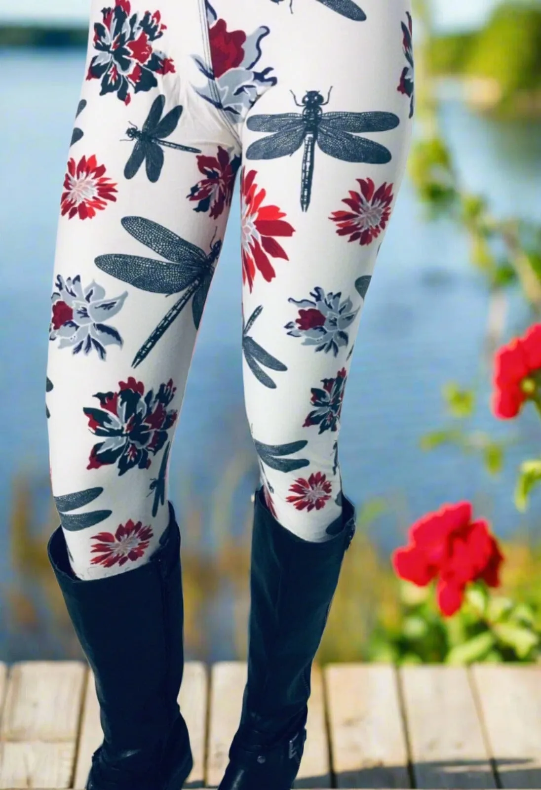 Womens Dragonfly Leggings, Soft Yoga Pants, Sizes 2-20, White/Red/Gray, Yoga Waist